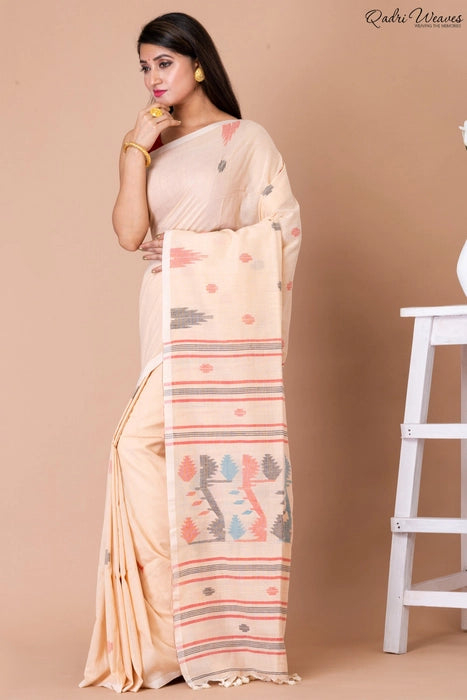 Handloom peach Pure Cotton Jamdani Saree