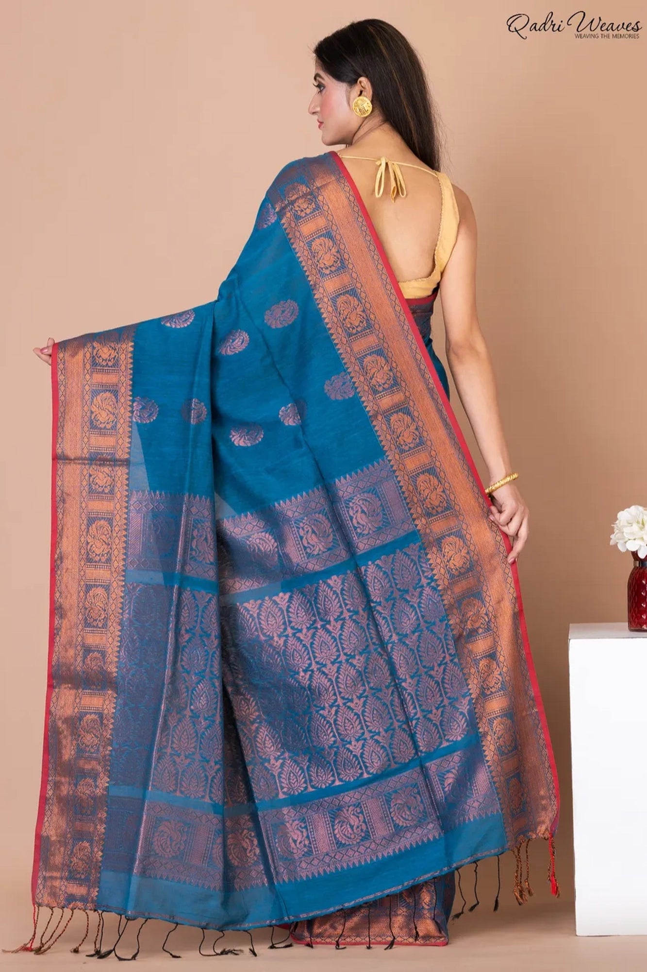 Handloom Blue Copper Banarasi Cotton Zari Work Saree