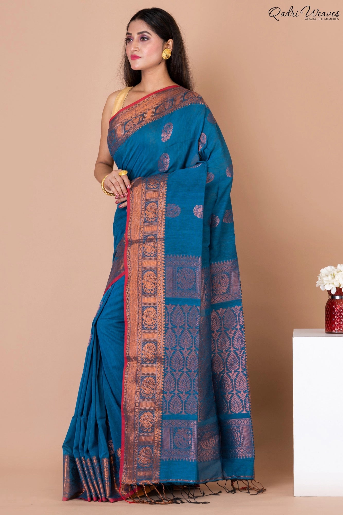 Handloom Blue Copper Banarasi Cotton Zari Work Saree