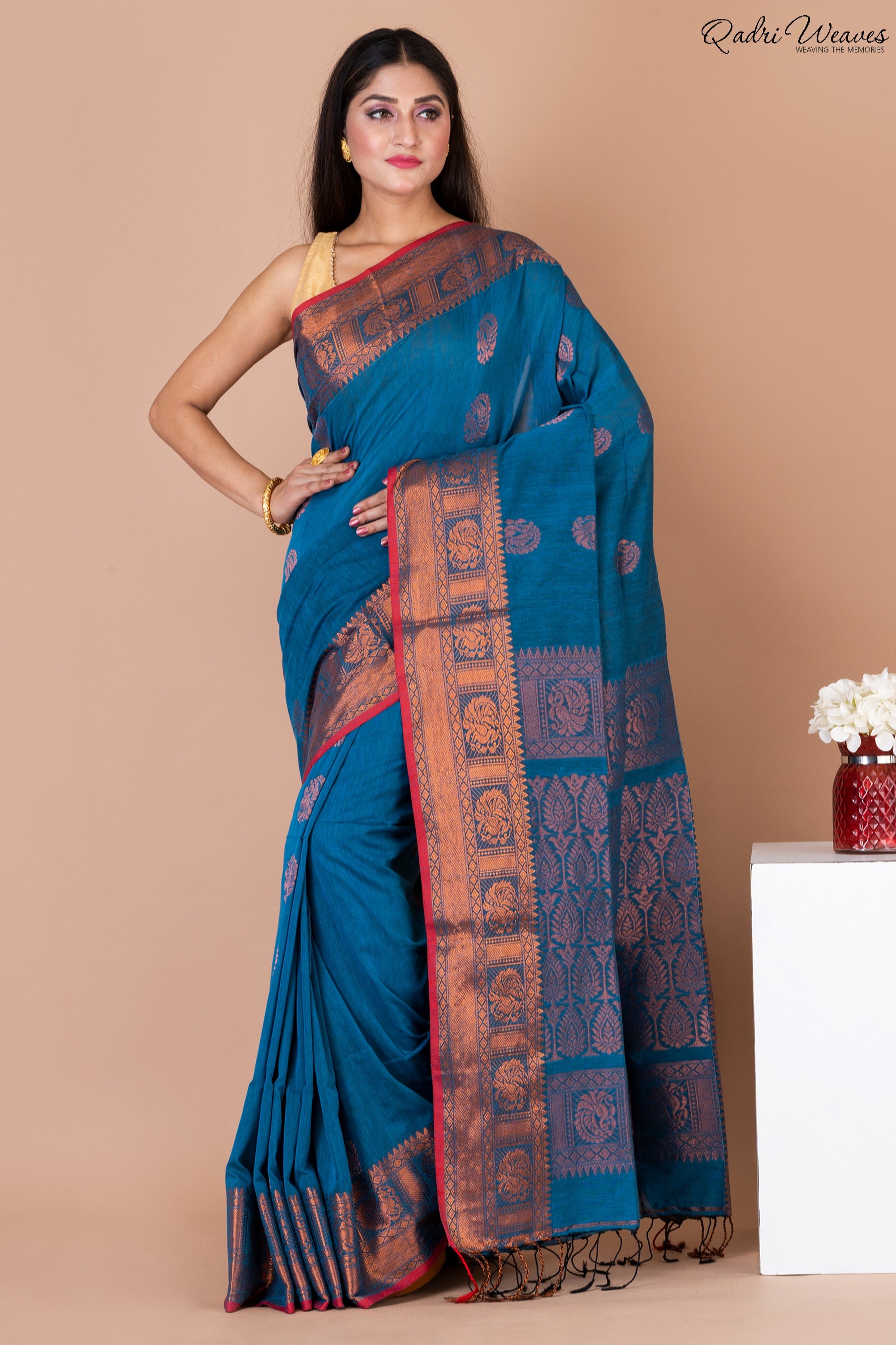 Handloom Blue Copper Banarasi Cotton Zari Work Saree