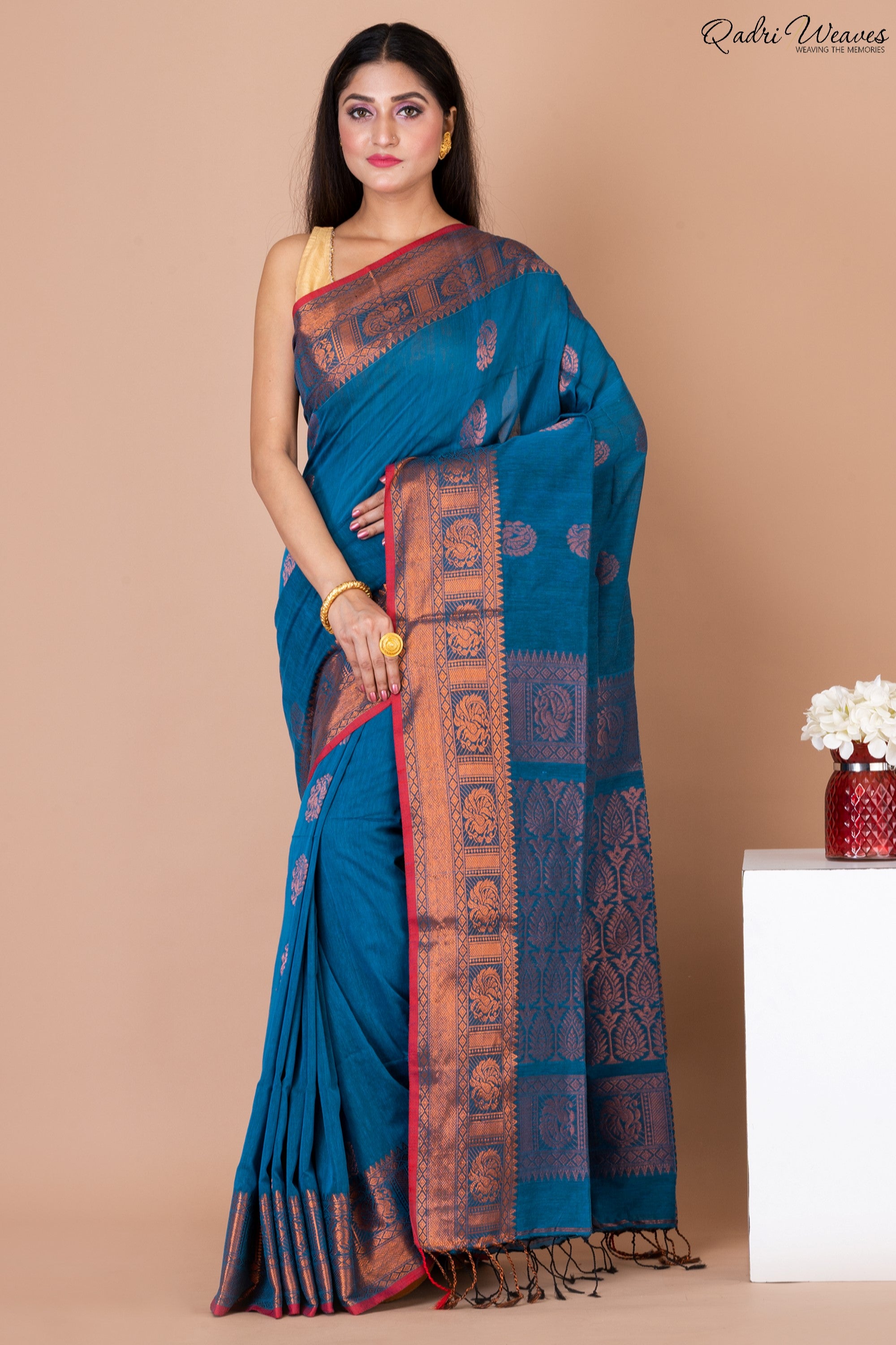 Handloom Blue Copper Banarasi Cotton Zari Work Saree