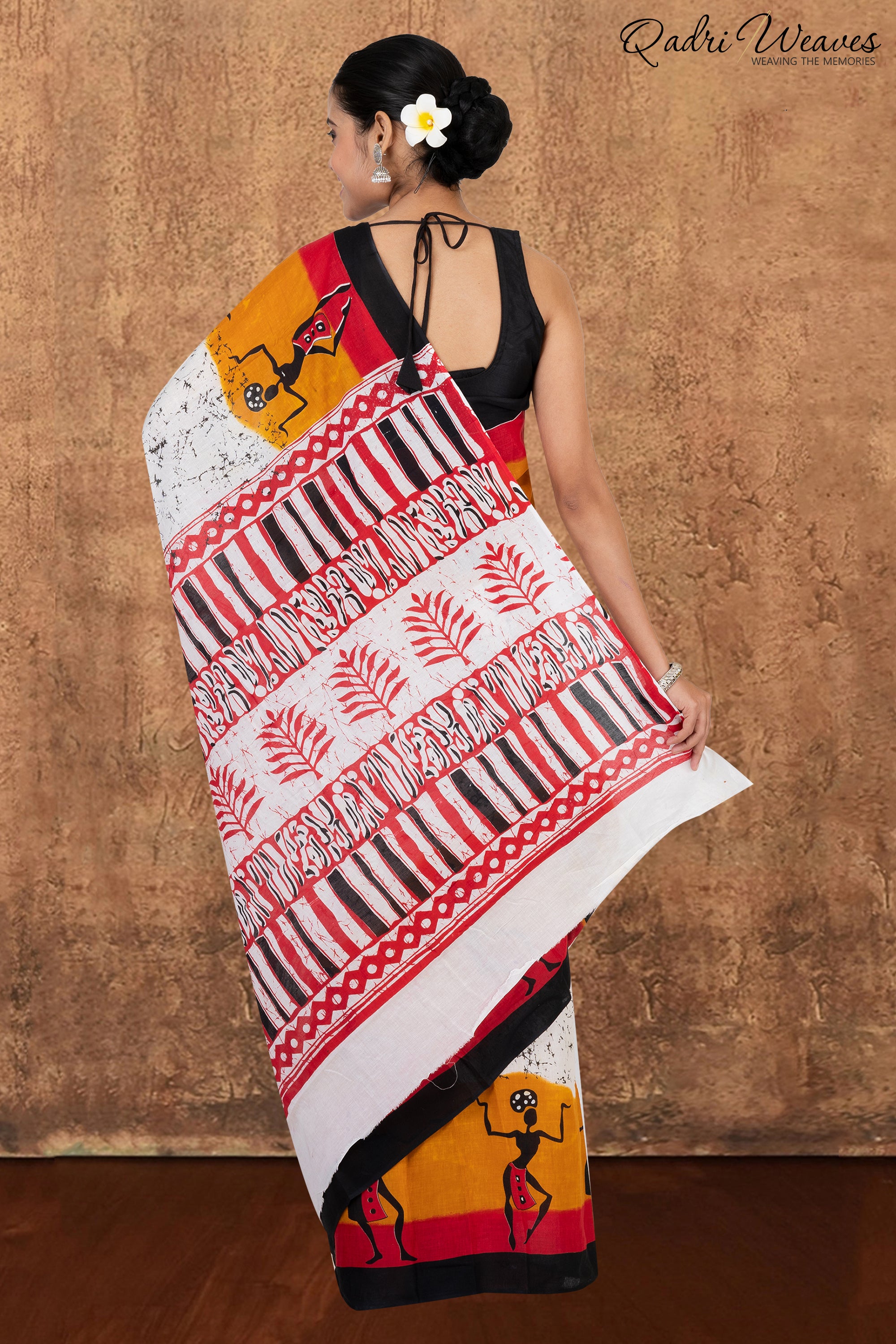 Printed White & Mustard Pure Mulmul Cotton Saree