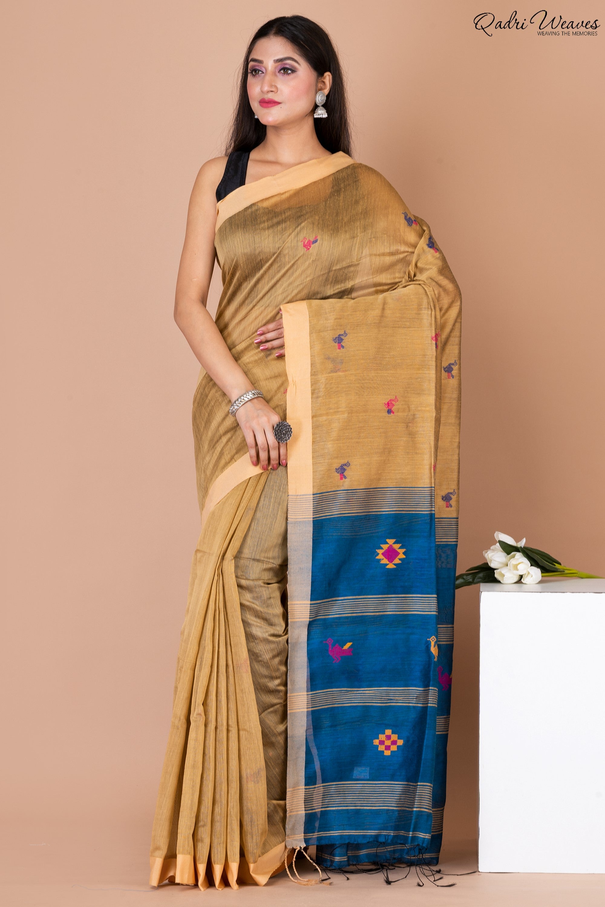 Handloom Golden & Blue Kota Silk x Acrylic Cotton Saree