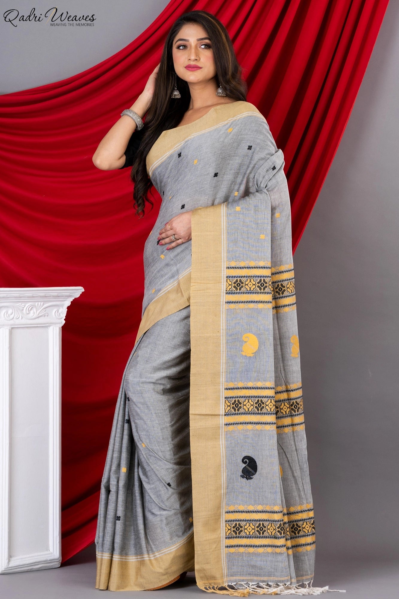 Handloom Grey Mercerized Premium (100/2 Count) Cotton Saree