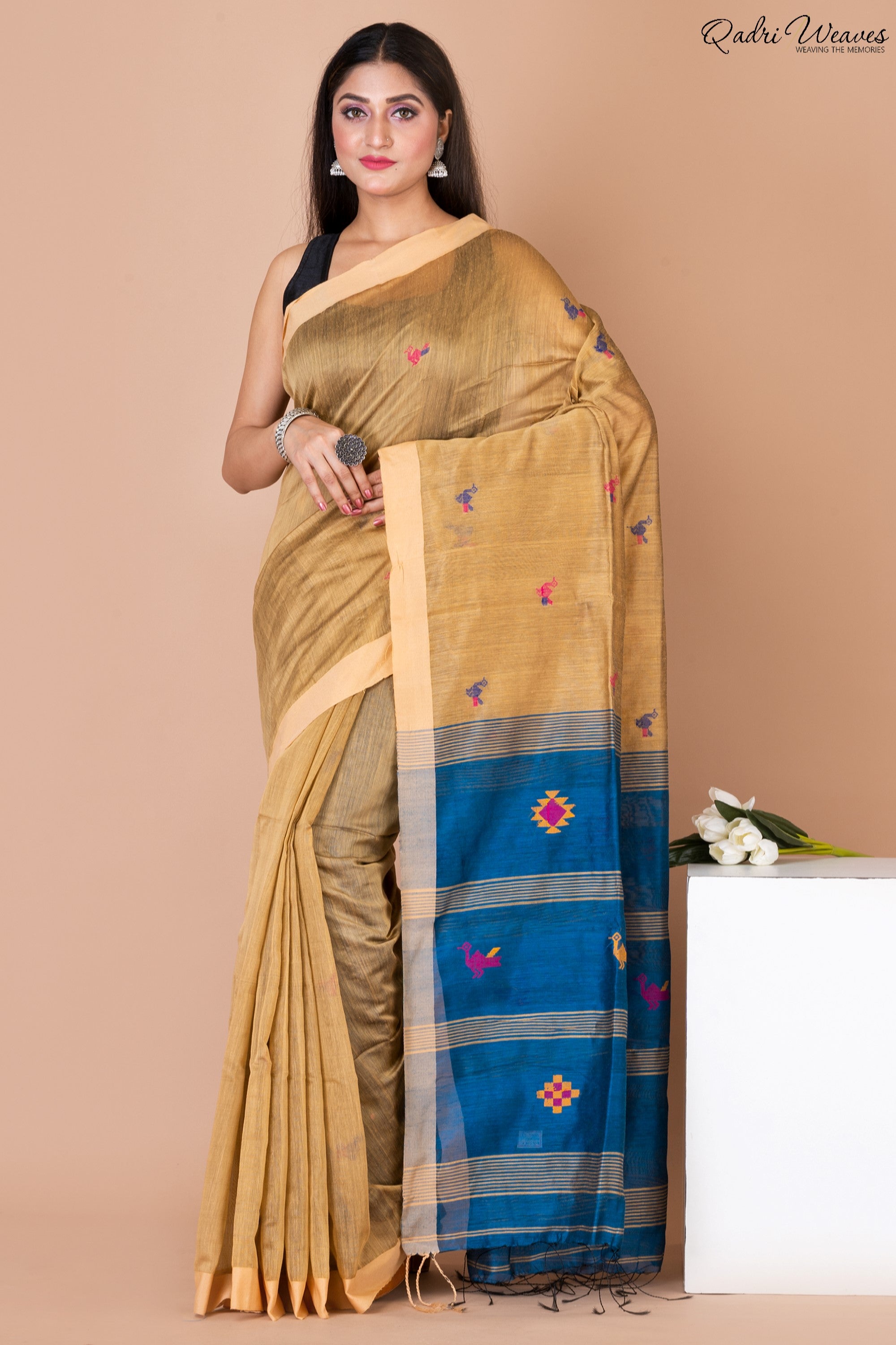 Handloom Golden & Blue Kota Silk x Acrylic Cotton Saree