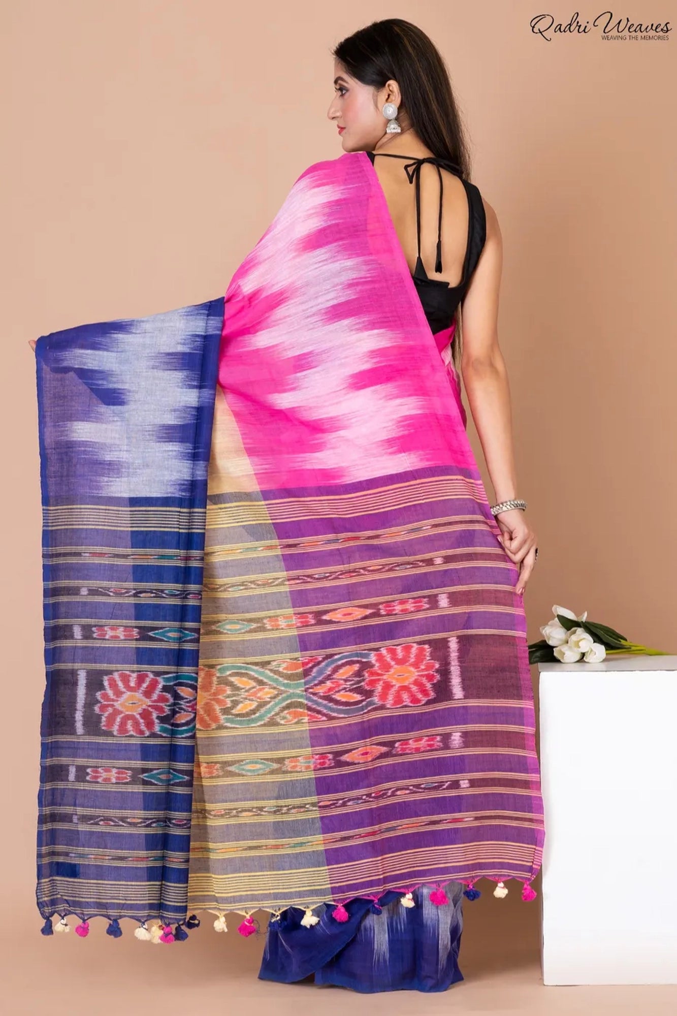 Handloom Pink & Blue Pure Cotton Ikat Saree