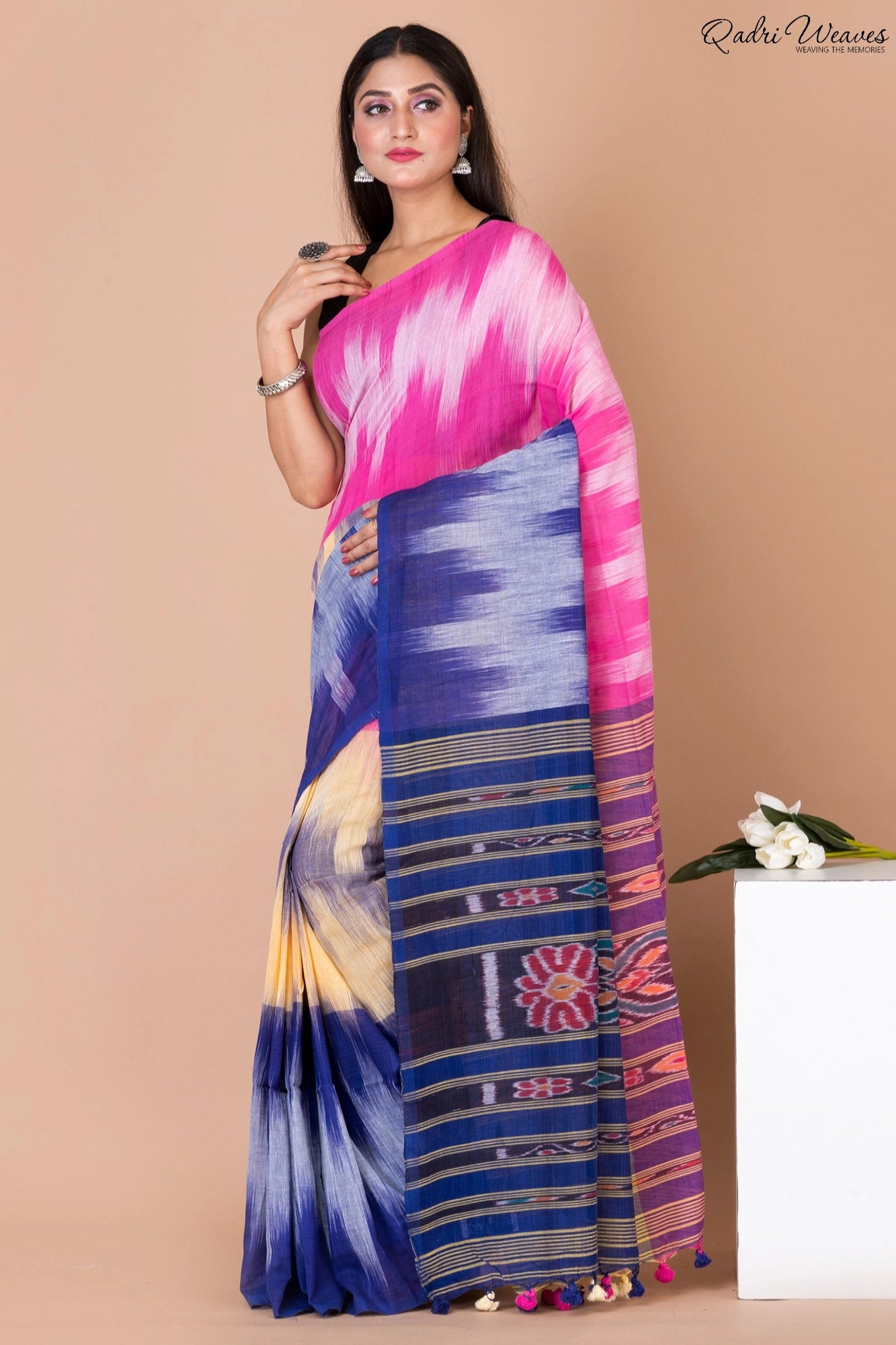 Handloom Pink & Blue Pure Cotton Ikat Saree