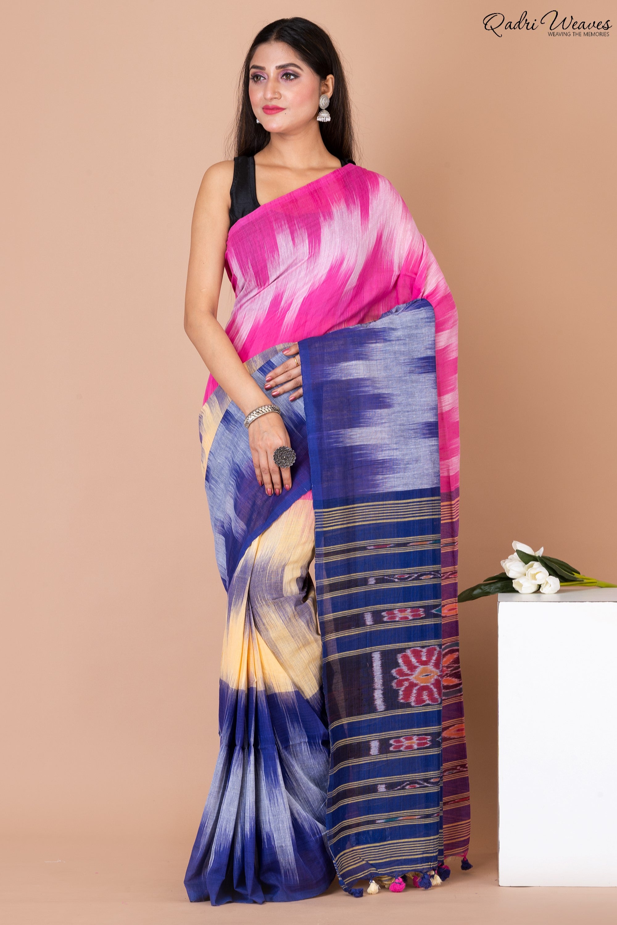 Handloom Pink & Blue Pure Cotton Ikat Saree