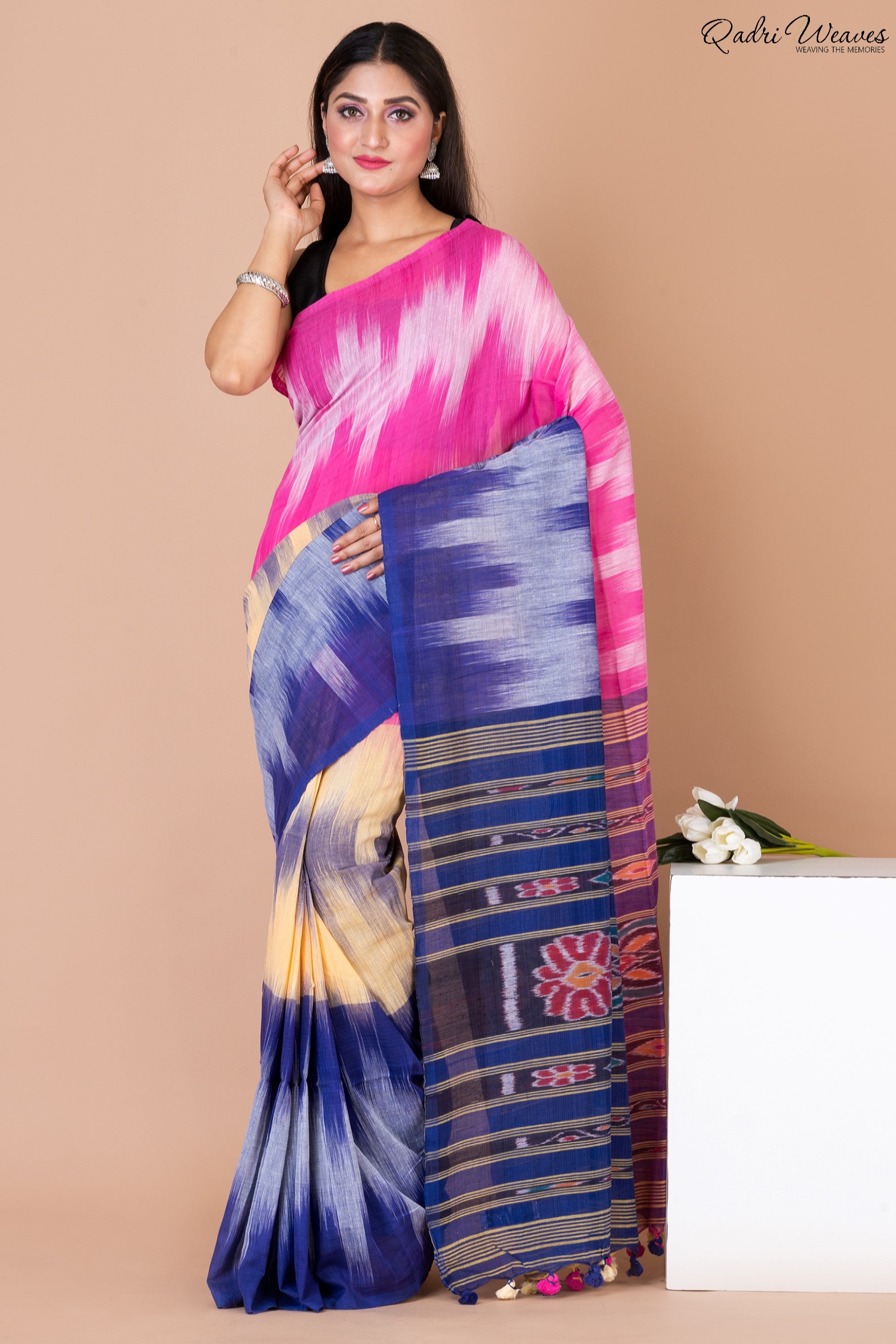 Handloom Pink & Blue Pure Cotton Ikat Saree