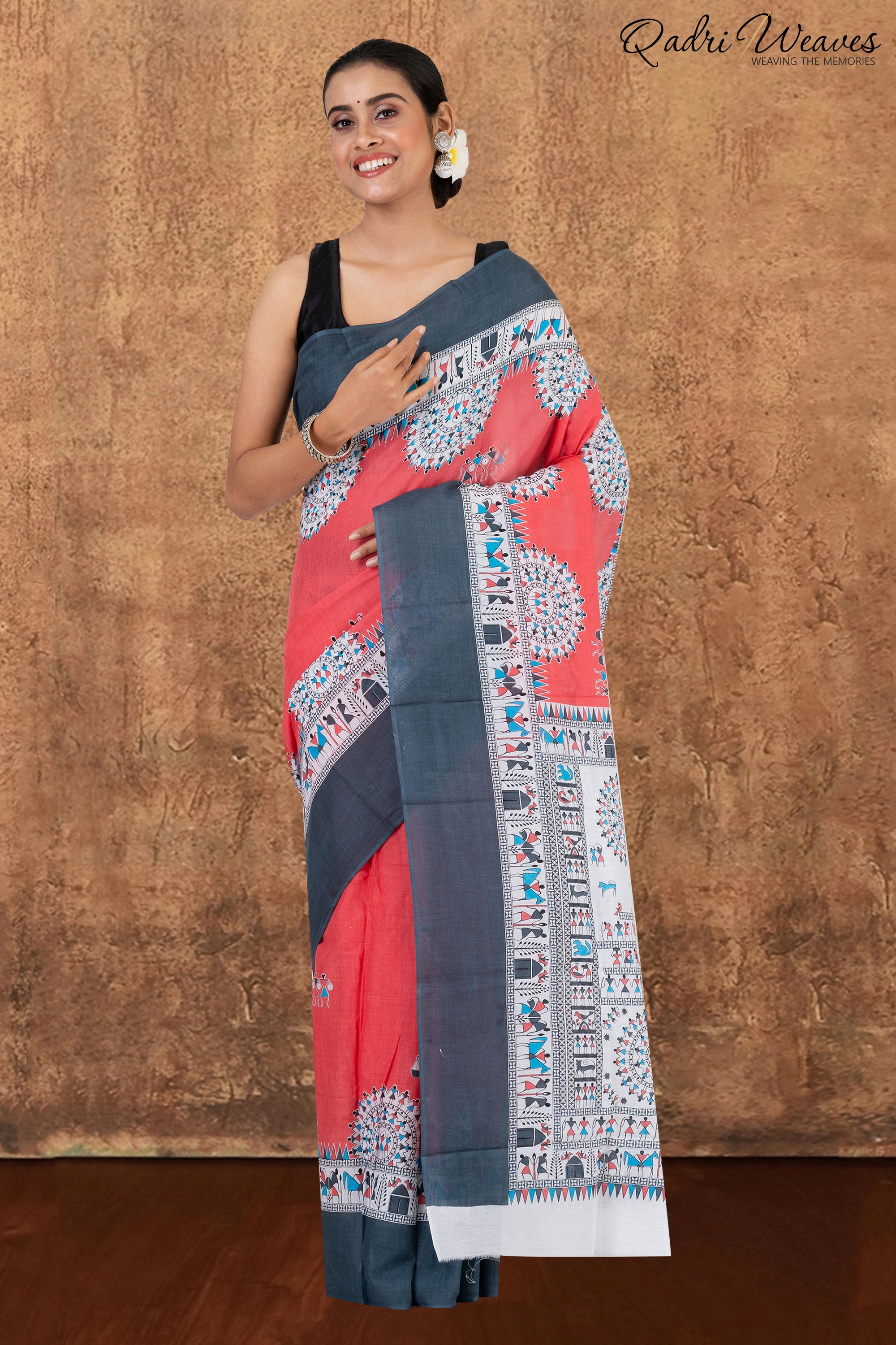 Printed Brick-Red & Grey Pure Mulmul Cotton Saree