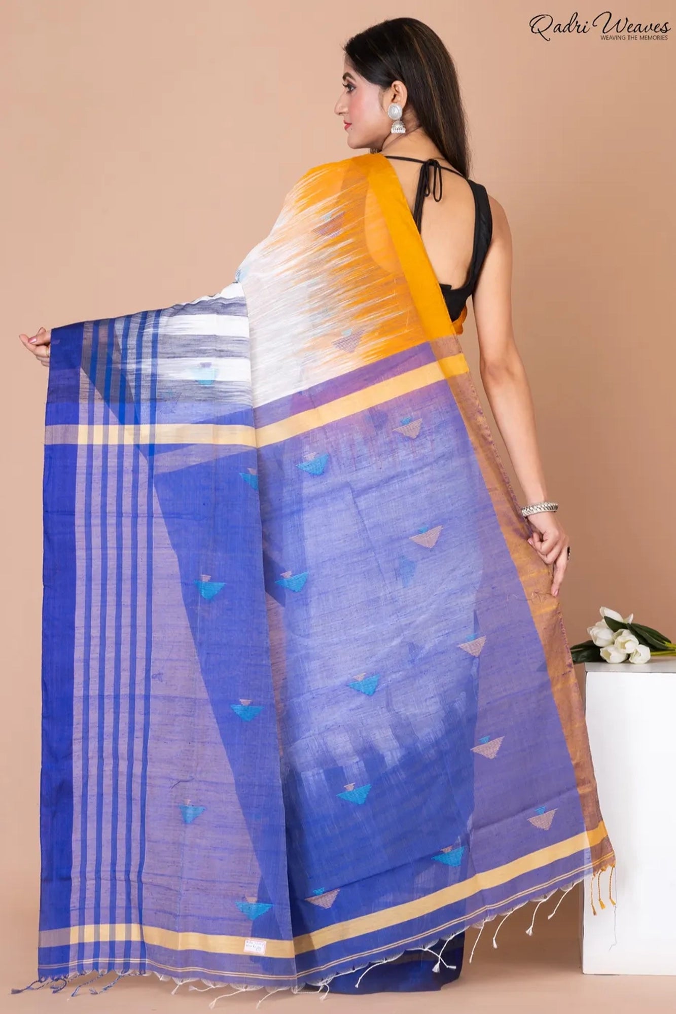 Handloom White & Blue Kota Khadi Silk Saree