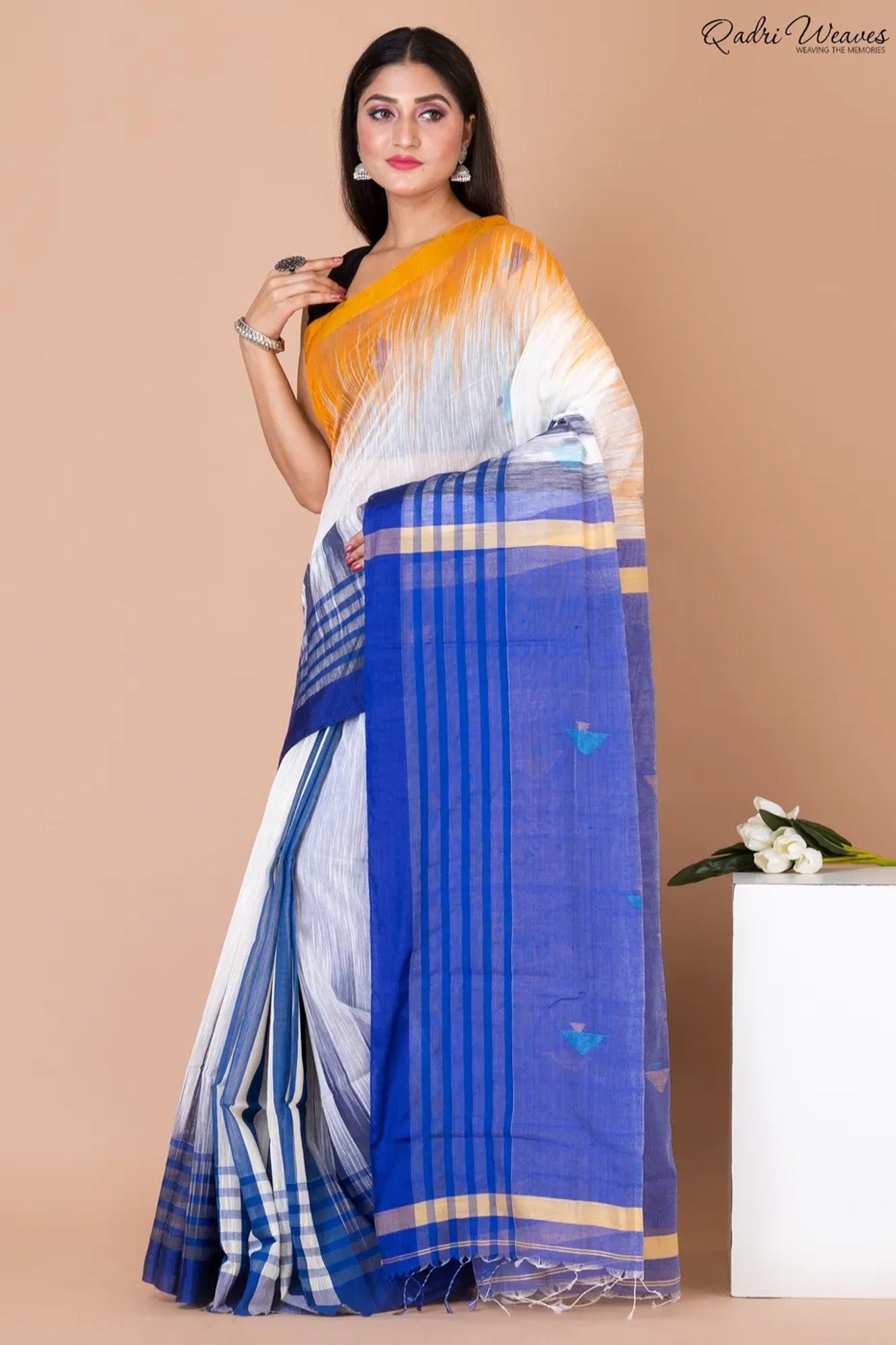 Handloom White & Blue Kota Khadi Silk Saree