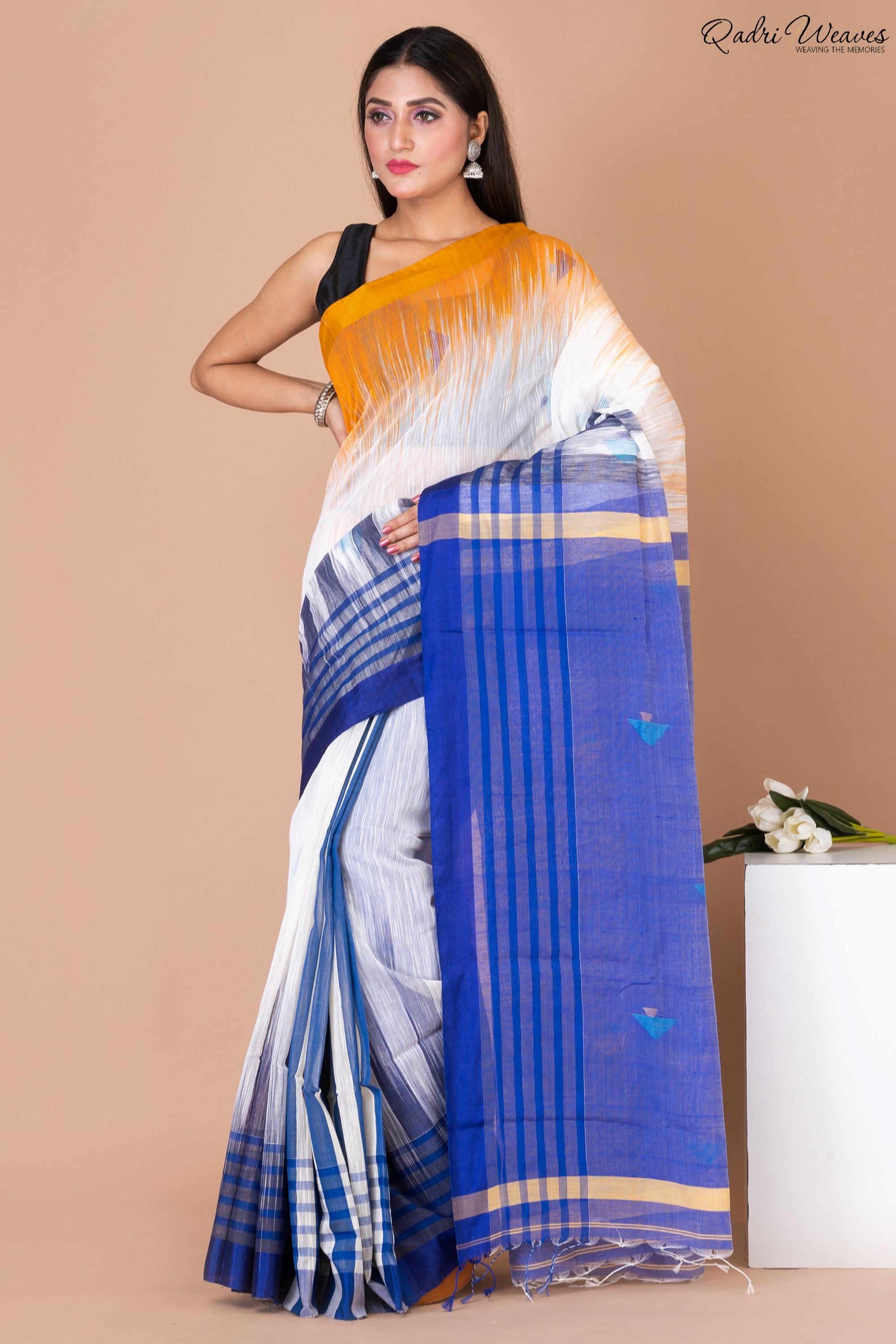 Handloom White & Blue Kota Khadi Silk Saree