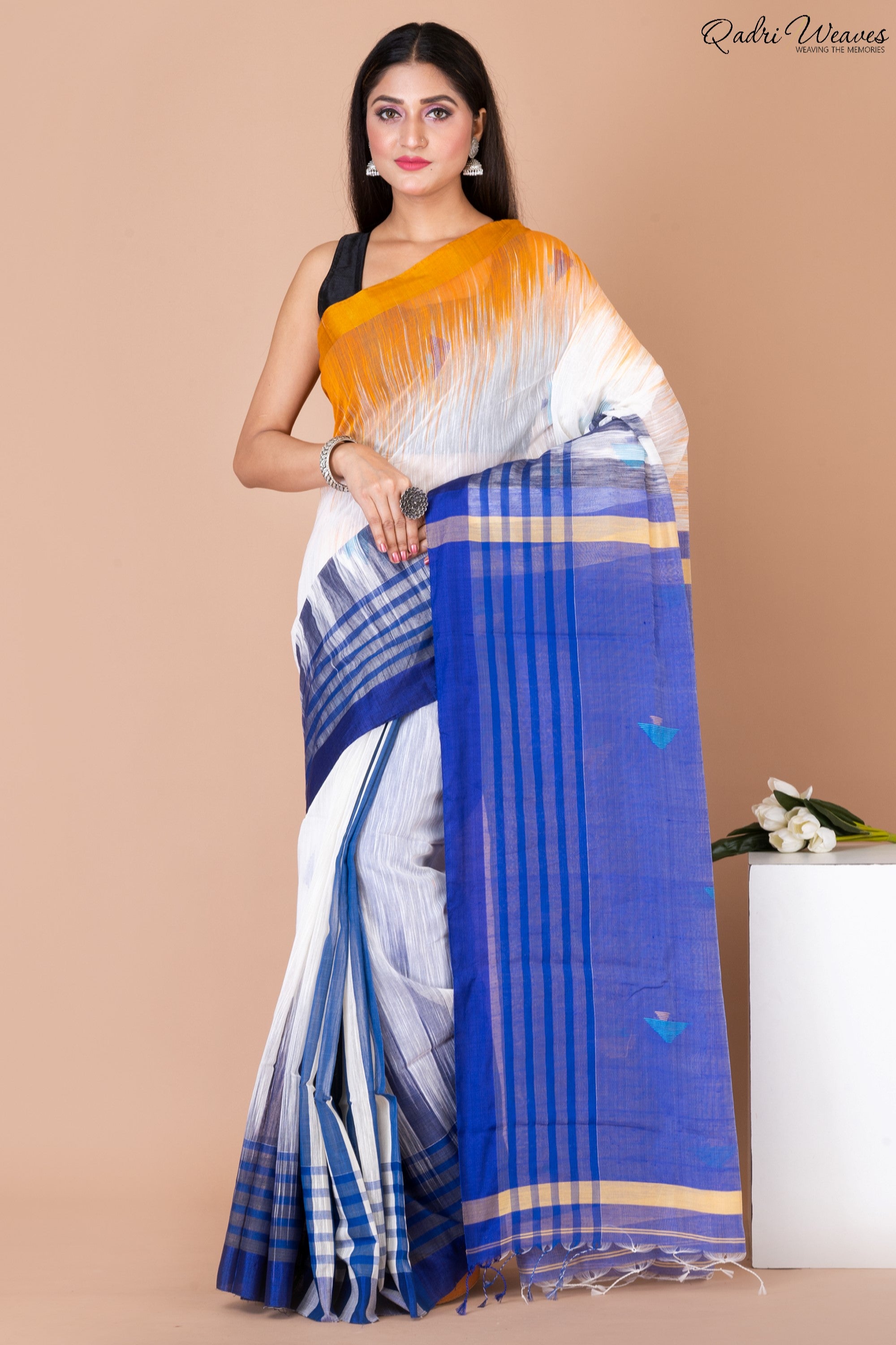 Handloom White & Blue Kota Khadi Silk Saree