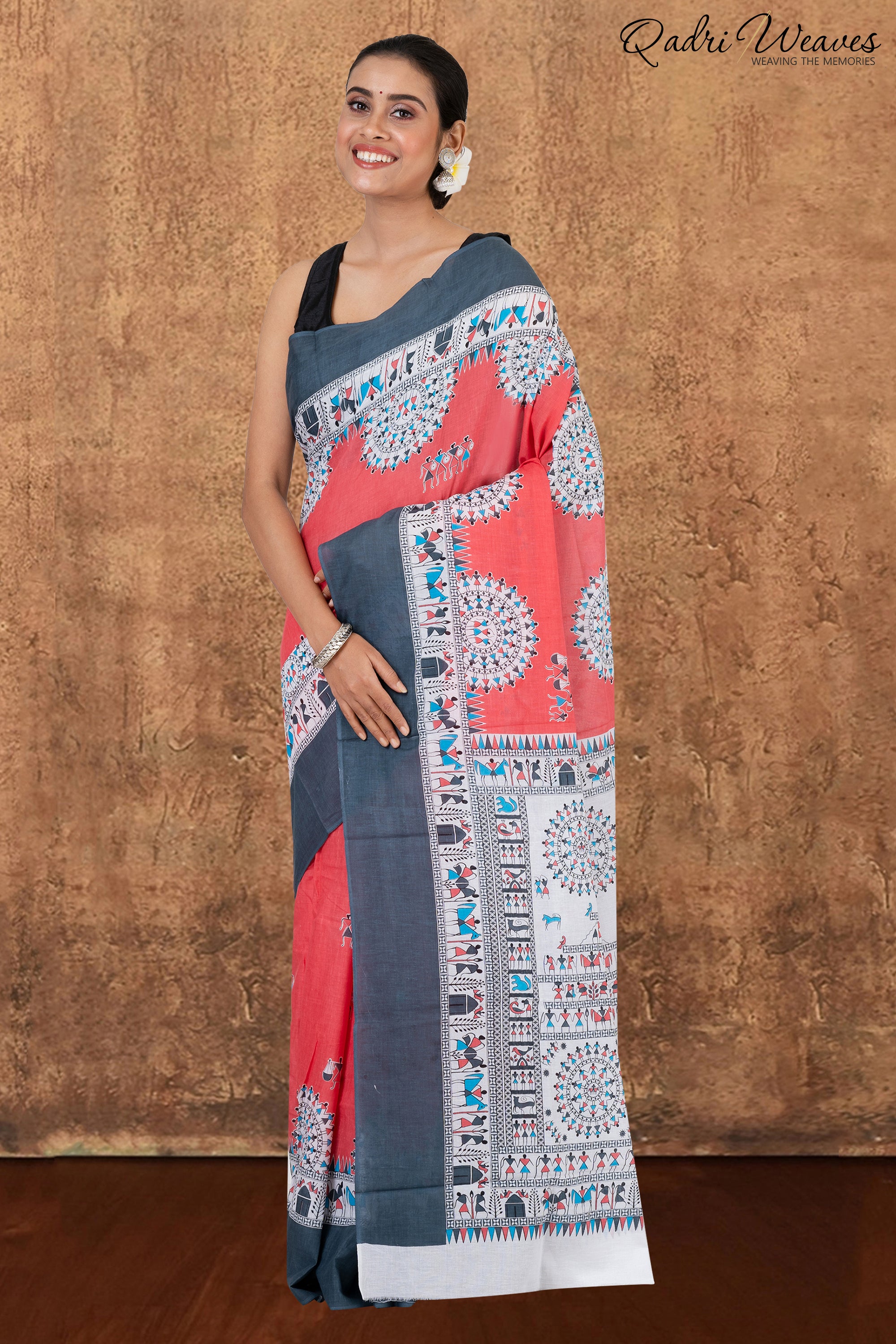 Printed Brick-Red & Grey Pure Mulmul Cotton Saree