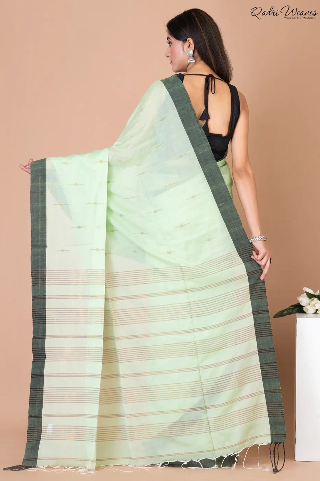 Handloom Pastel Green Khadi Silk Saree with Black Border