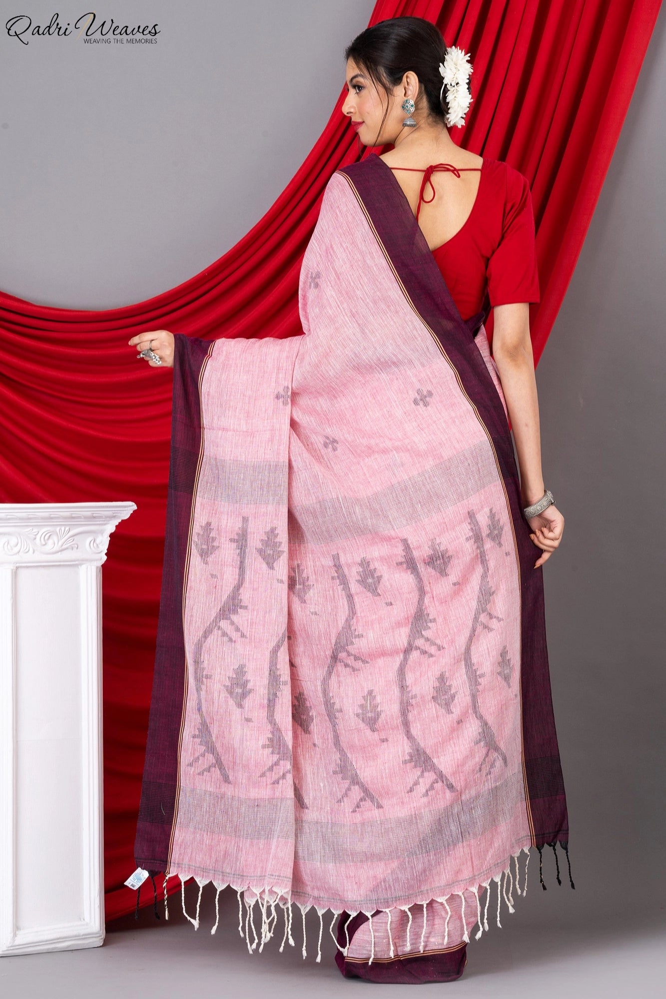 Handloom Rose Pink Pure Khadi Jamdani Saree