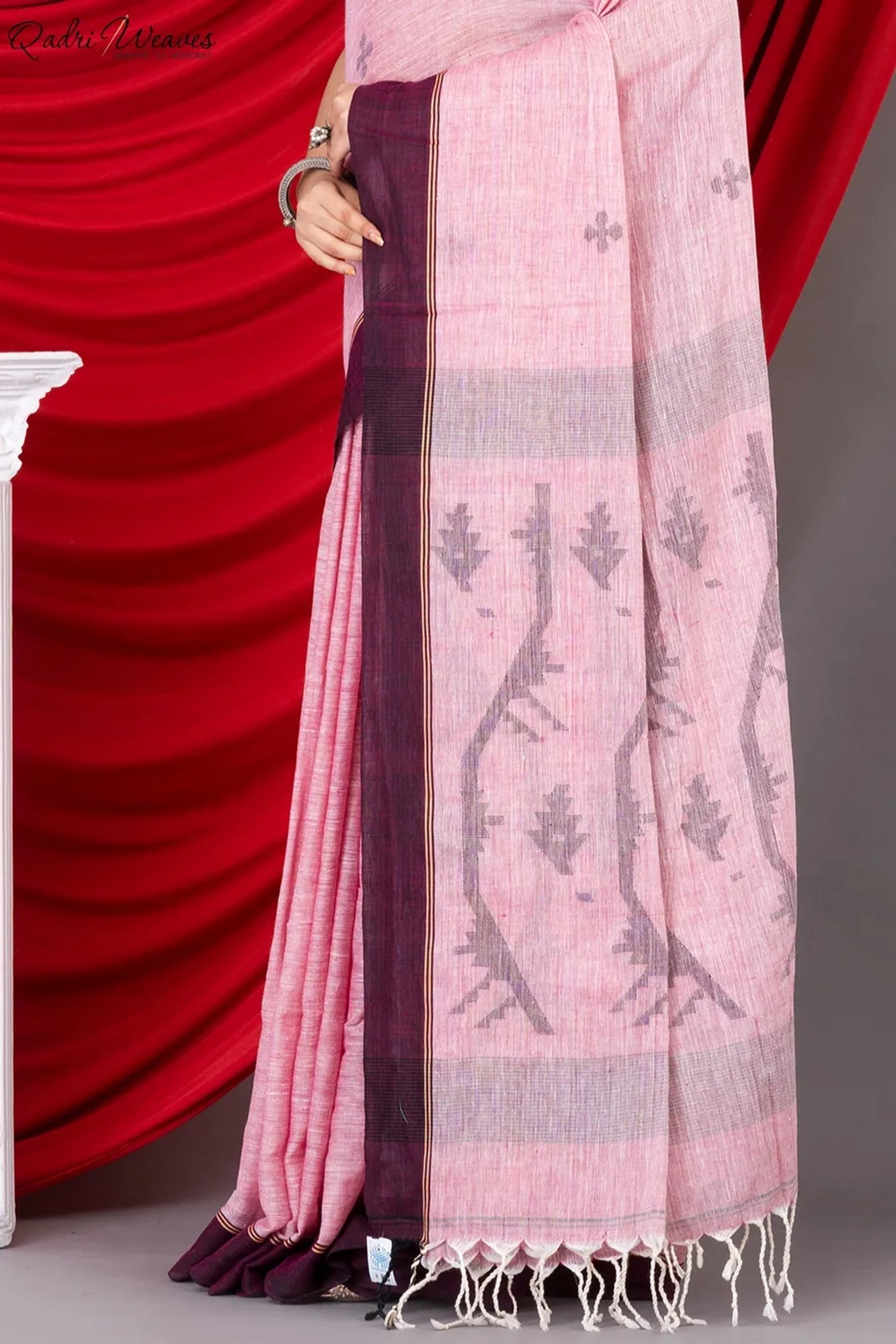 Handloom Rose Pink Pure Khadi Jamdani Saree