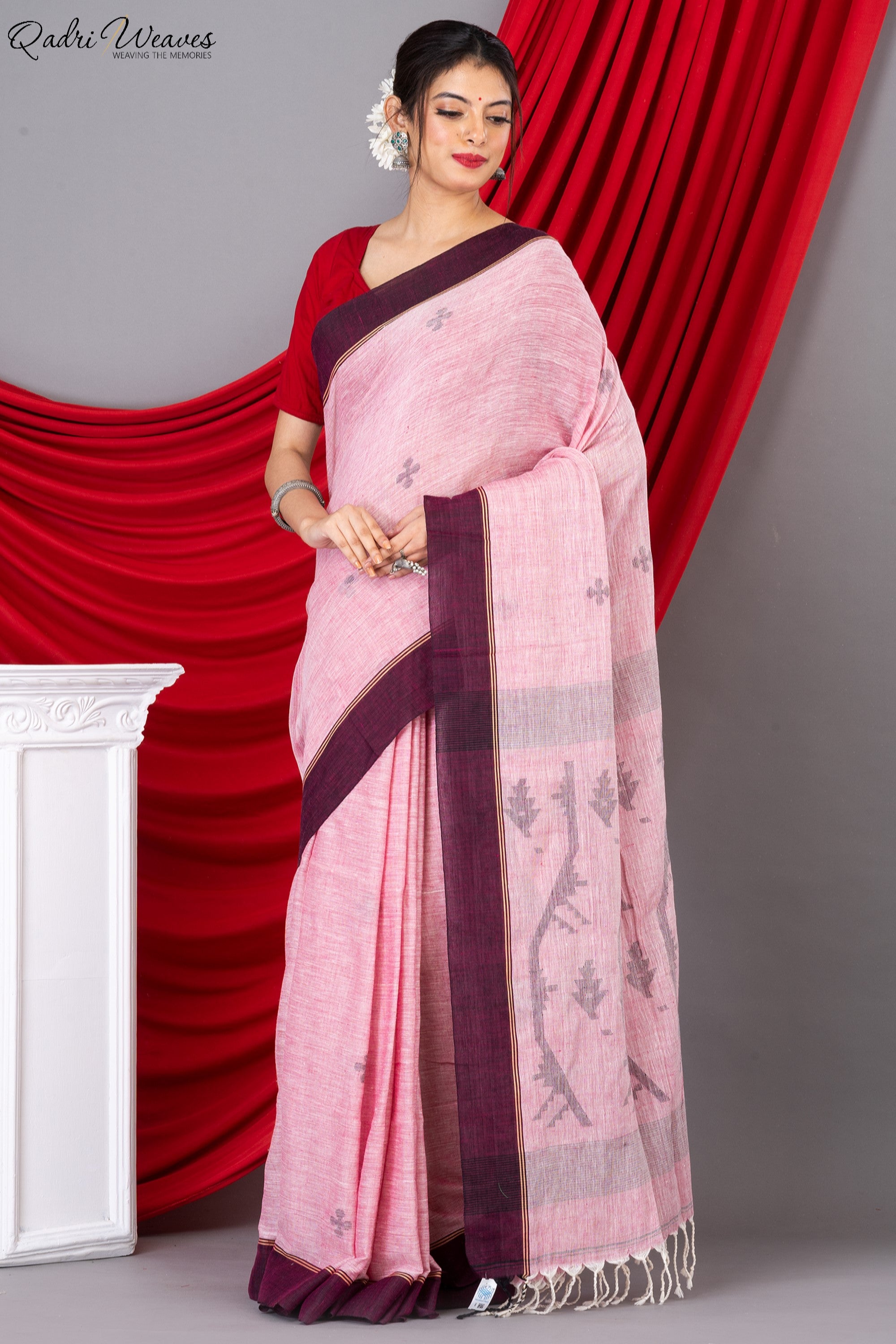 Handloom Rose Pink Pure Khadi Jamdani Saree