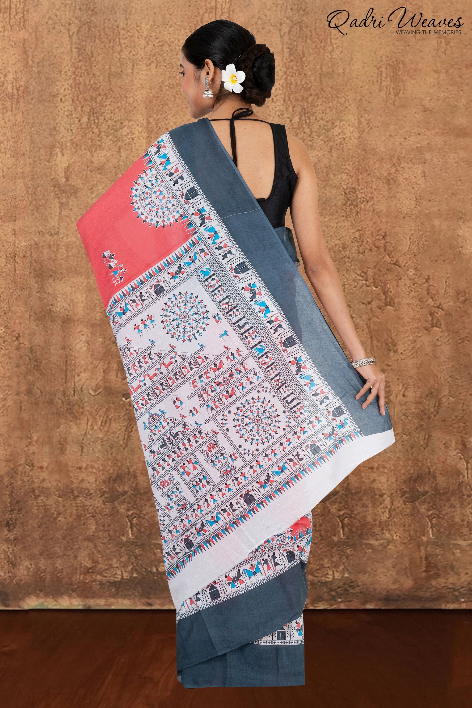 Printed Brick-Red & Grey Pure Mulmul Cotton Saree