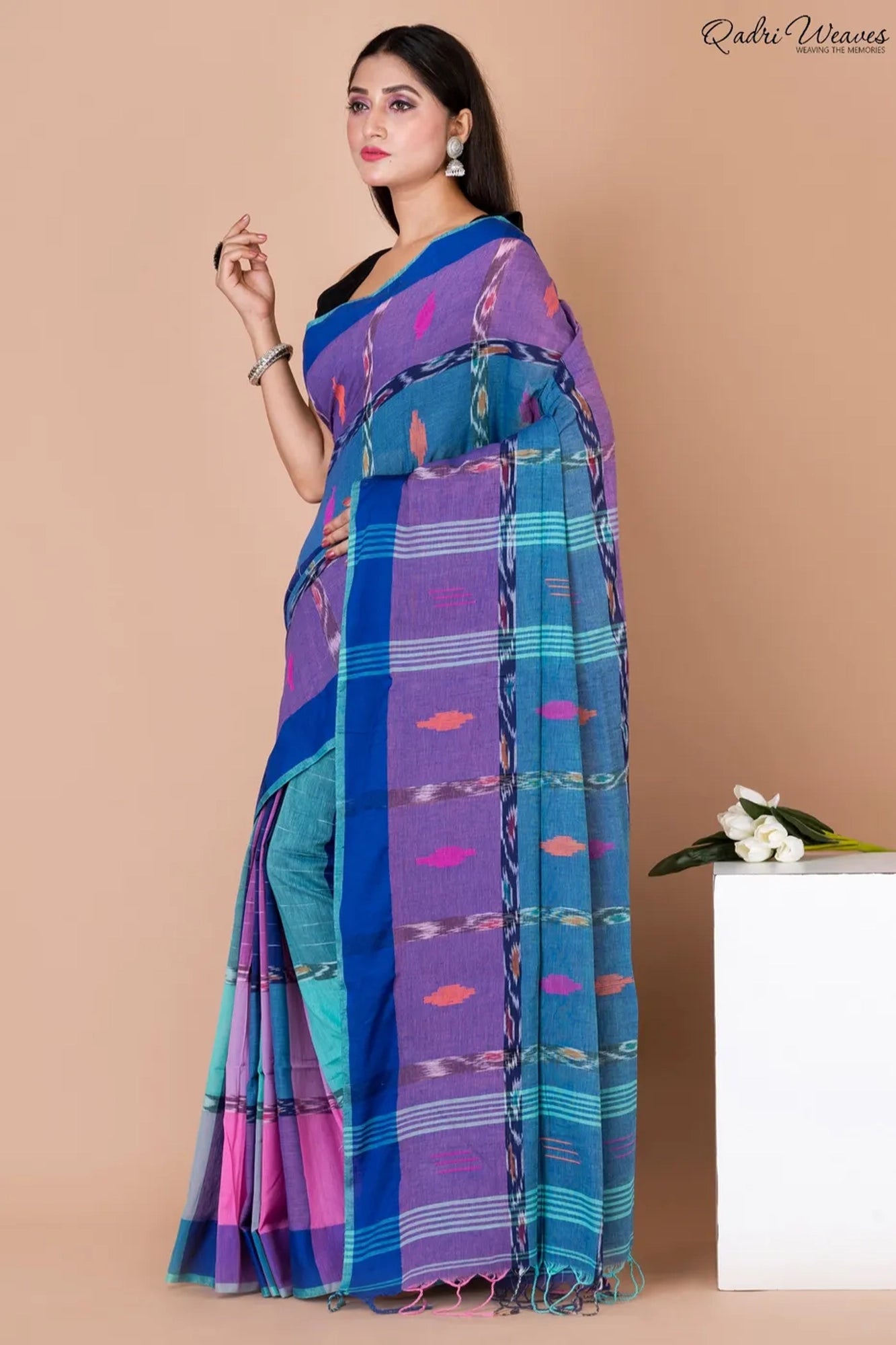 Handloom Blue & Purple Pure Cotton Ikat Saree