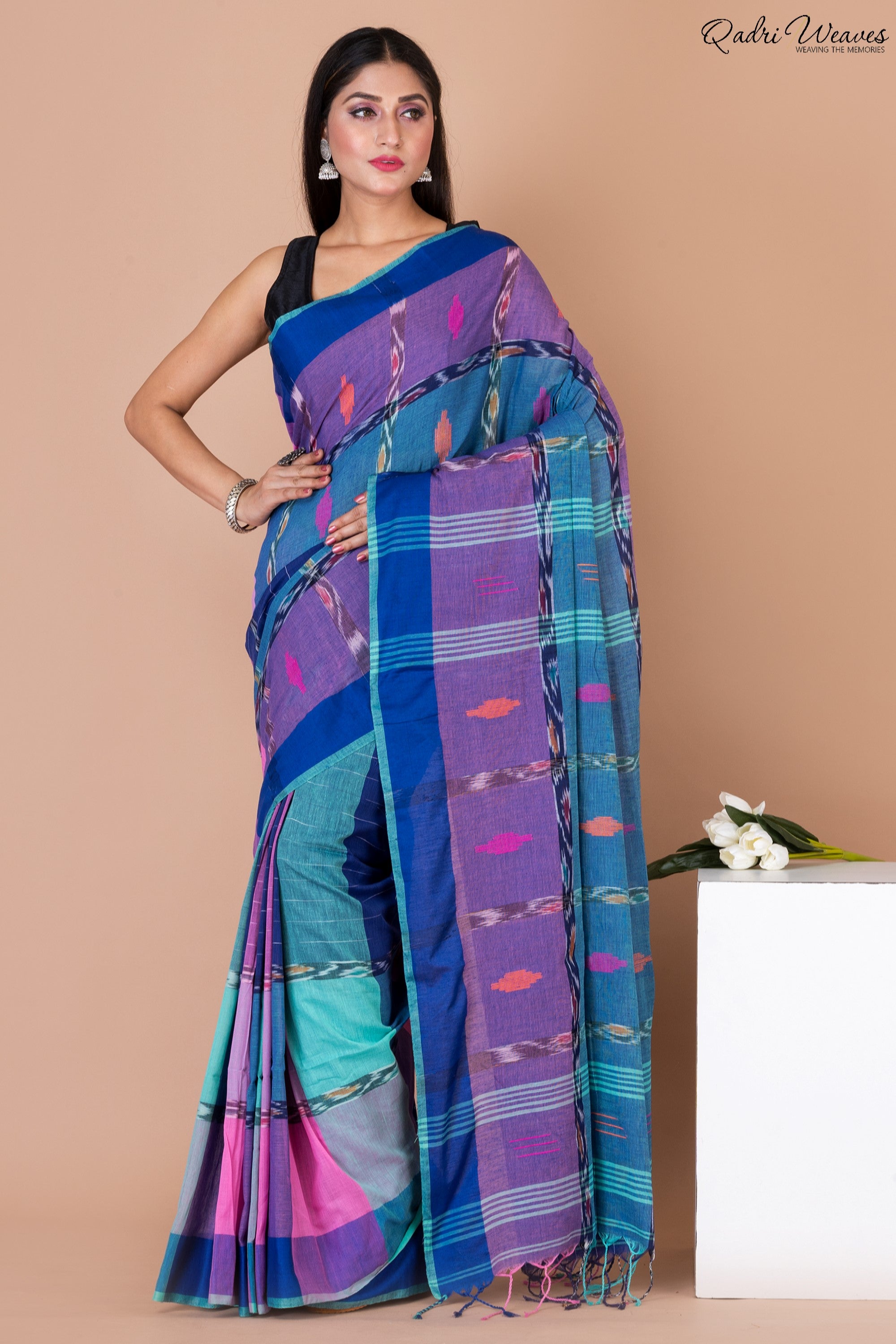 Handloom Blue & Purple Pure Cotton Ikat Saree