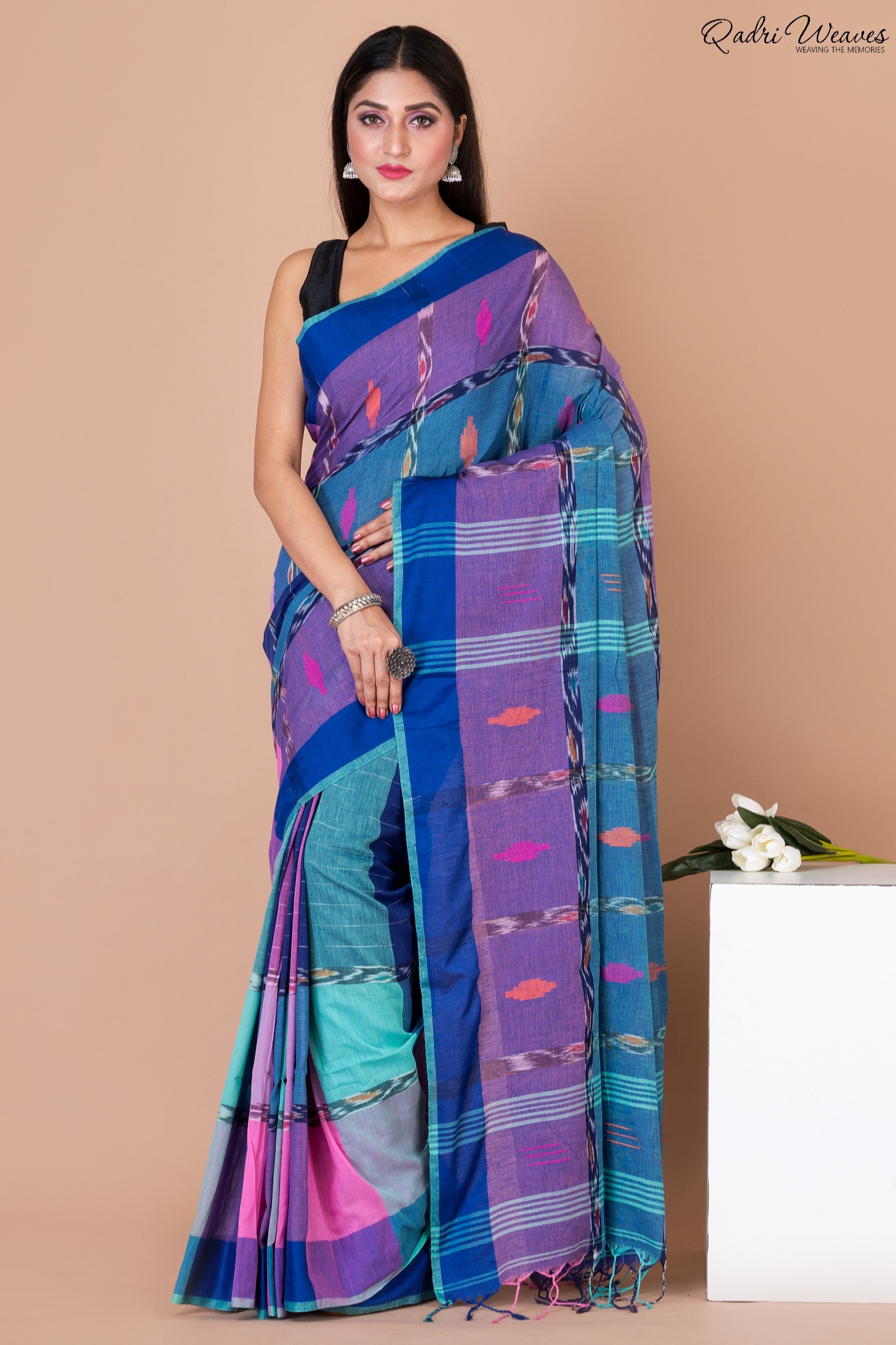 Handloom Blue & Purple Pure Cotton Ikat Saree