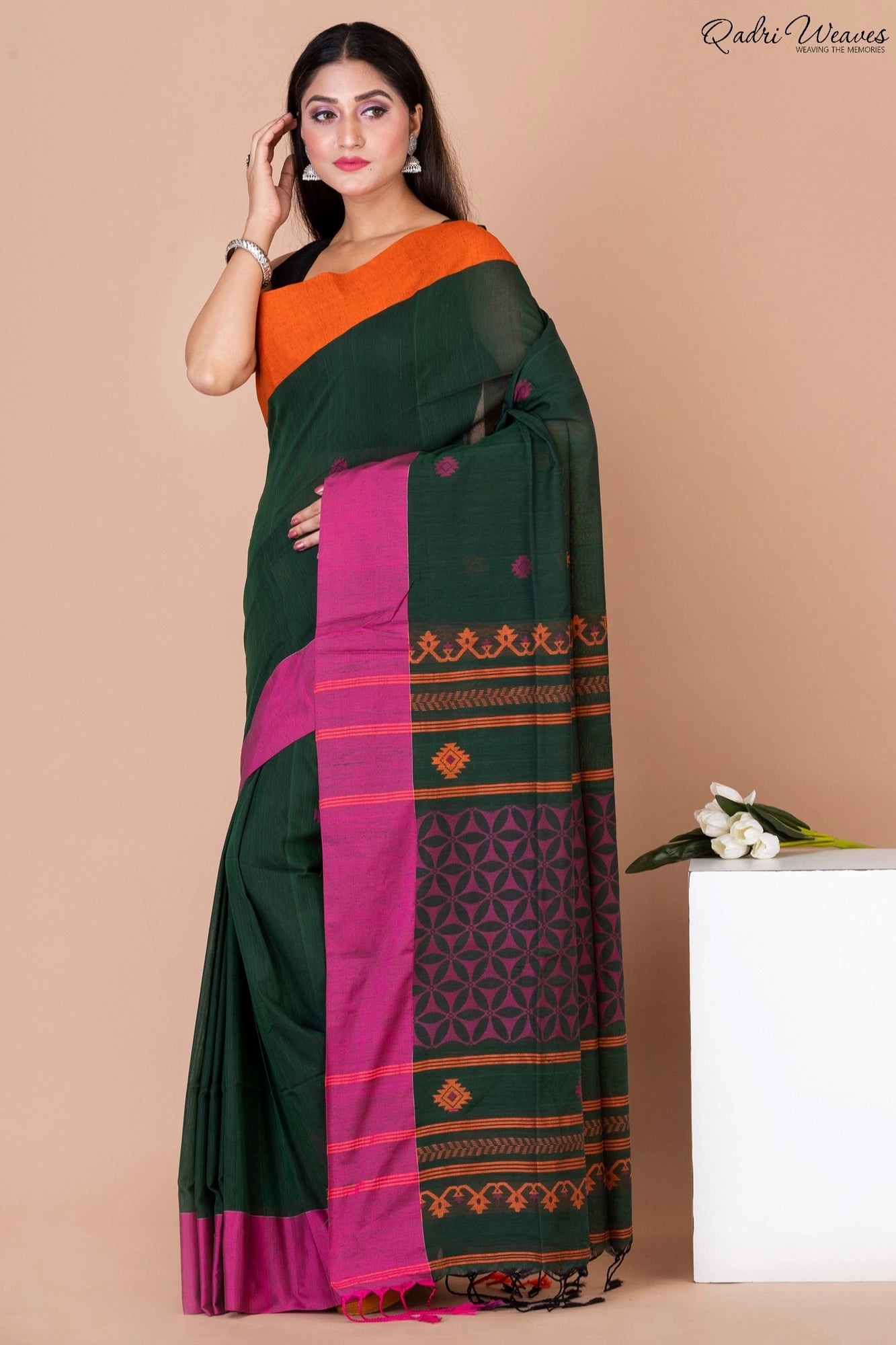 Handloom Dark Green & Liseran Purple Pure Cotton Saree