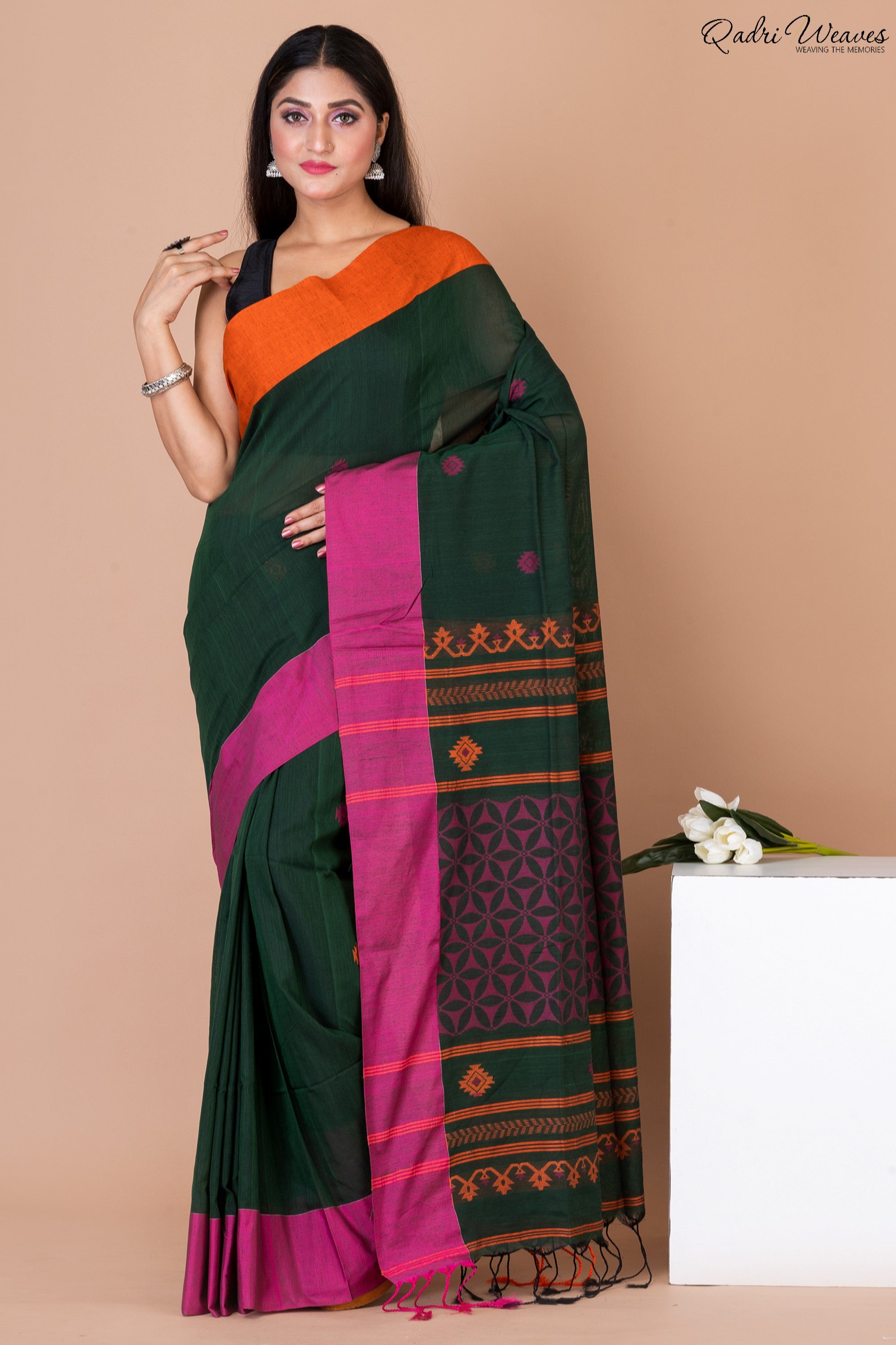 Handloom Dark Green & Liseran Purple Pure Cotton Saree