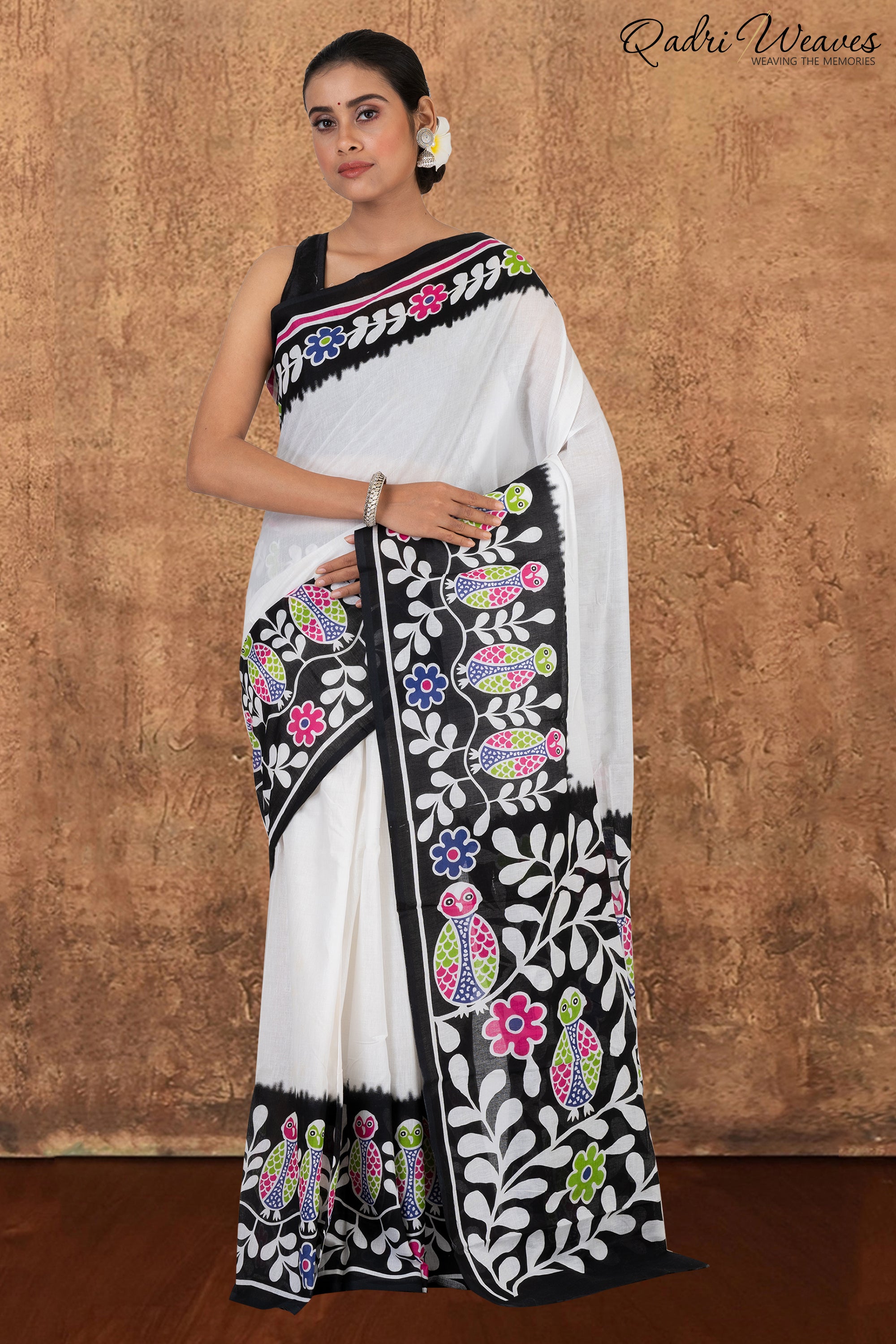 Printed Black & White Owl Design Pure Mulmul Cotton Saree