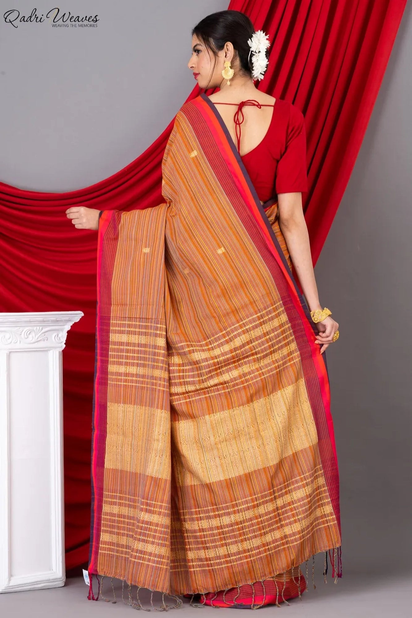 Handloom Princeton Orange Khadi Cotton Tangail Saree