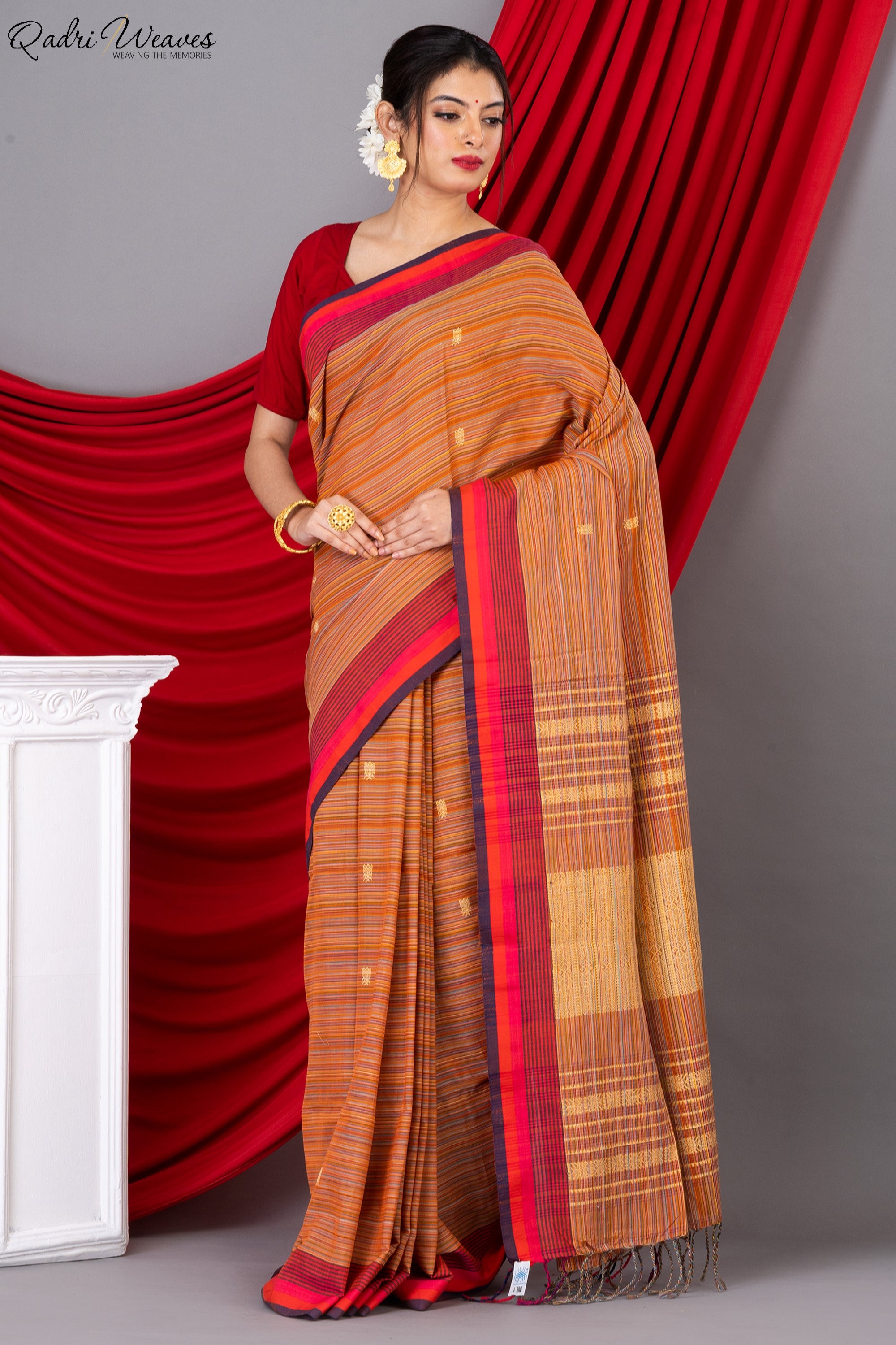 Handloom Princeton Orange Khadi Cotton Tangail Saree