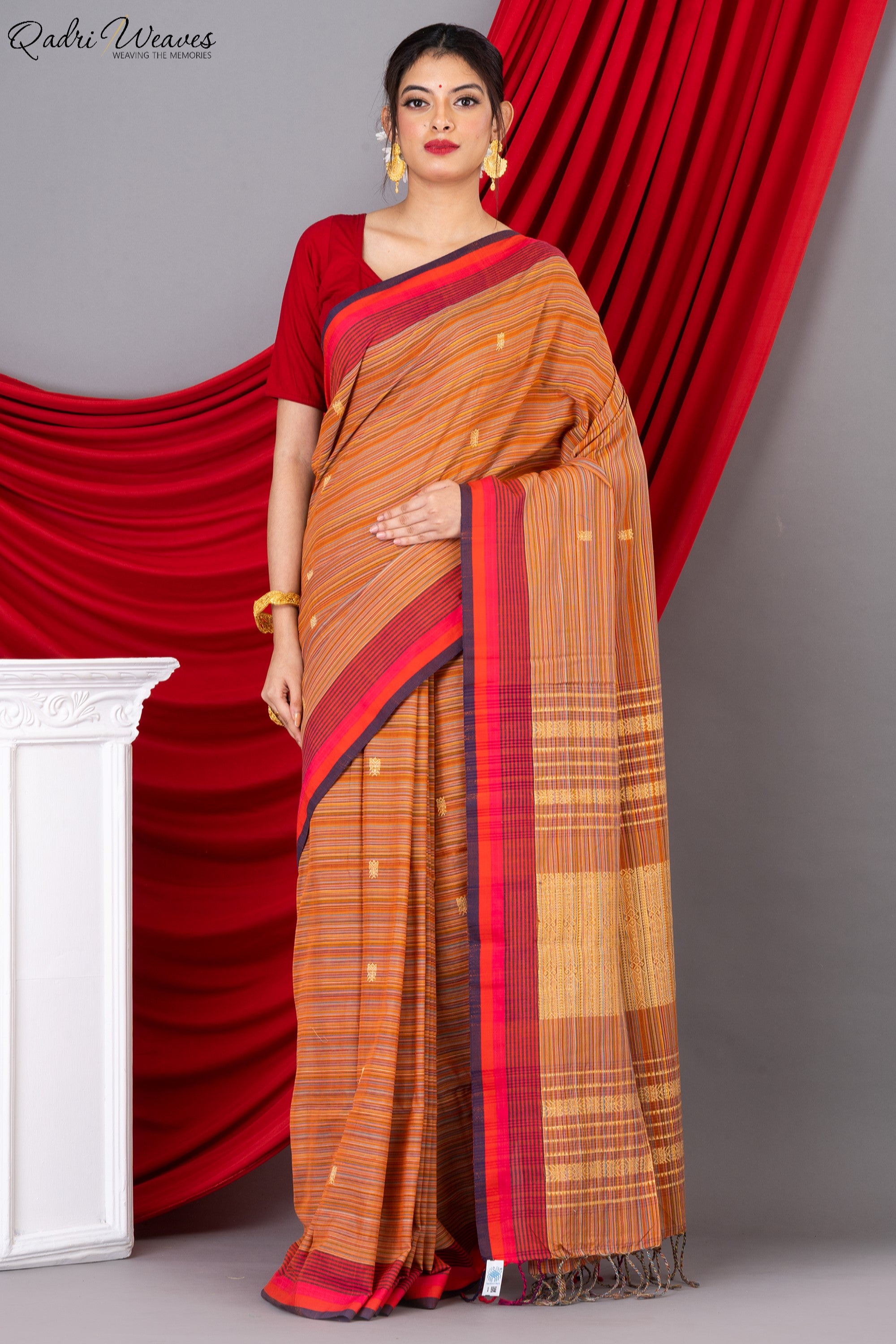 Handloom Princeton Orange Khadi Cotton Tangail Saree