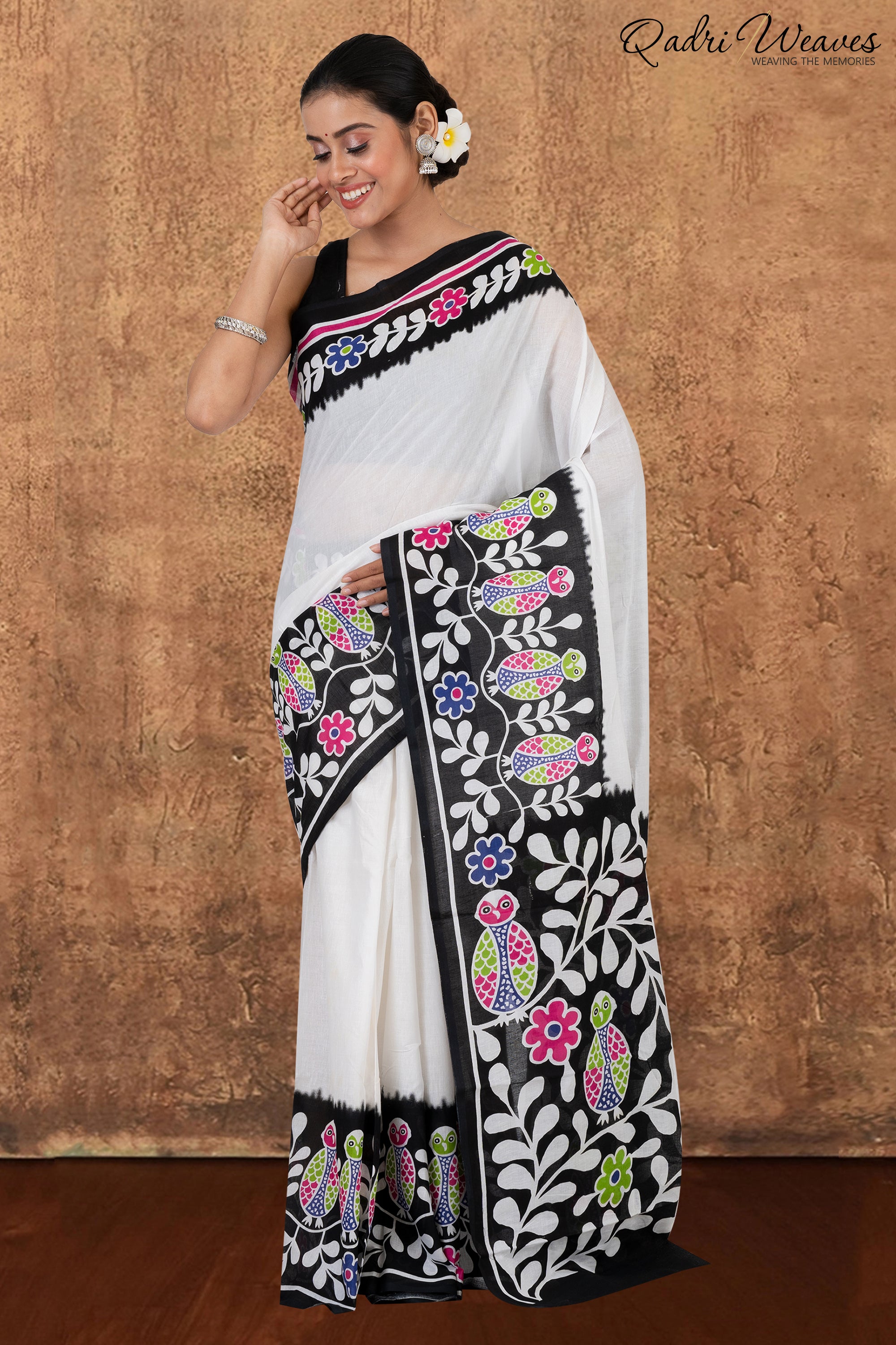 Printed Black & White Owl Design Pure Mulmul Cotton Saree