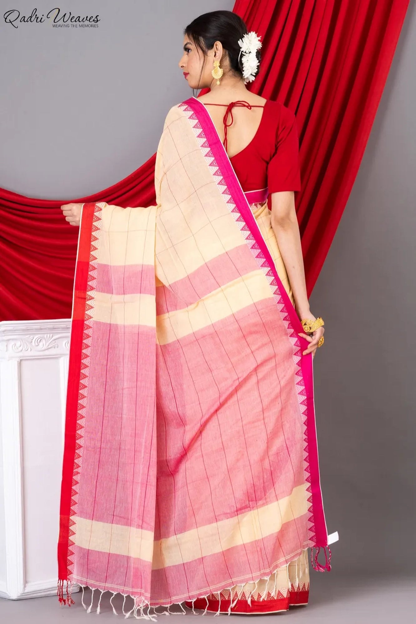 Handloom Cream & Pink Check Premium Mulmul Khadi Cotton Saree