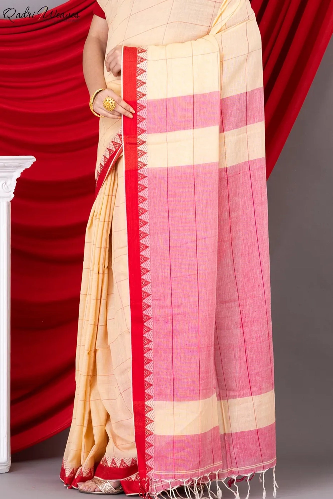 Handloom Cream & Pink Check Premium Mulmul Khadi Cotton Saree