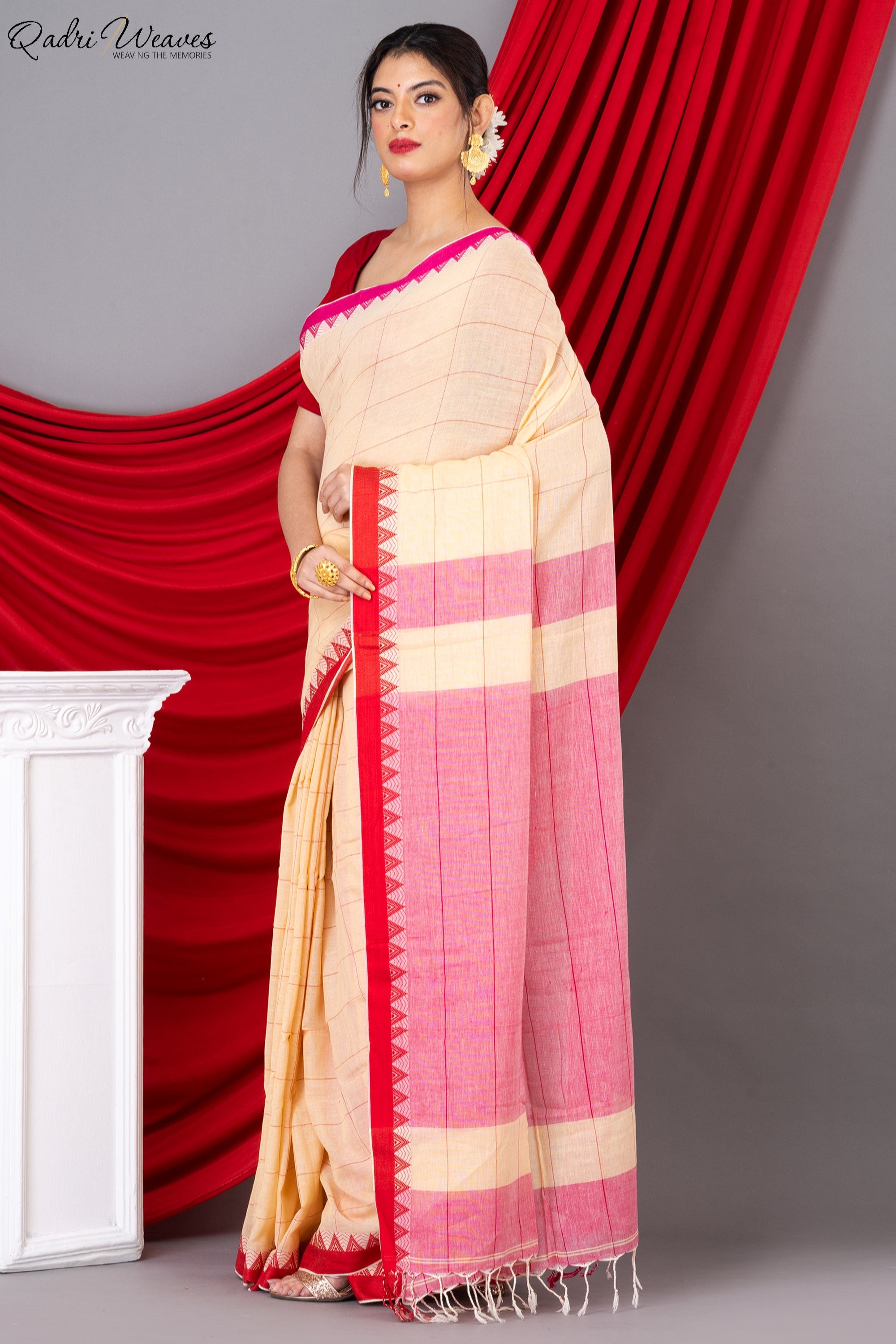 Handloom Cream & Pink Check Premium Mulmul Khadi Cotton Saree