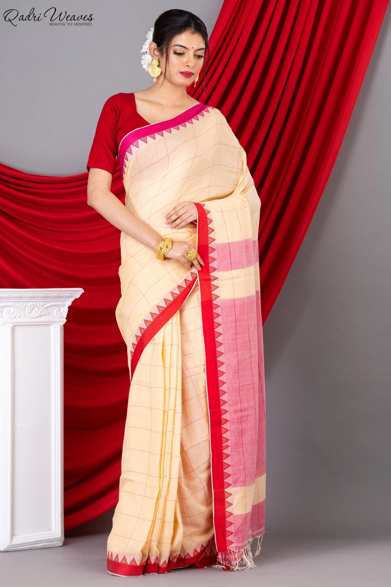 Handloom Cream & Pink Check Premium Mulmul Khadi Cotton Saree