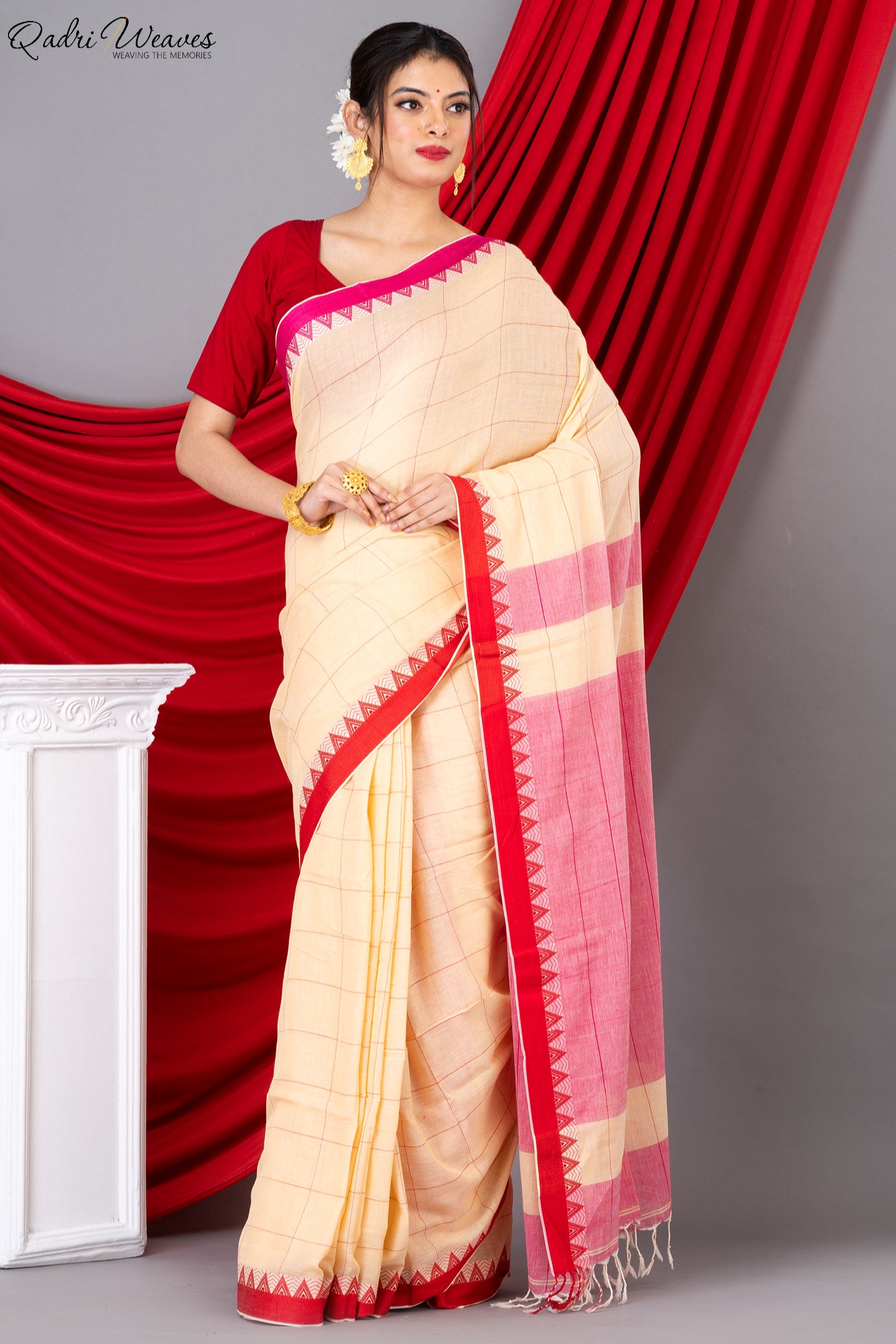 Handloom Cream & Pink Check Premium Mulmul Khadi Cotton Saree