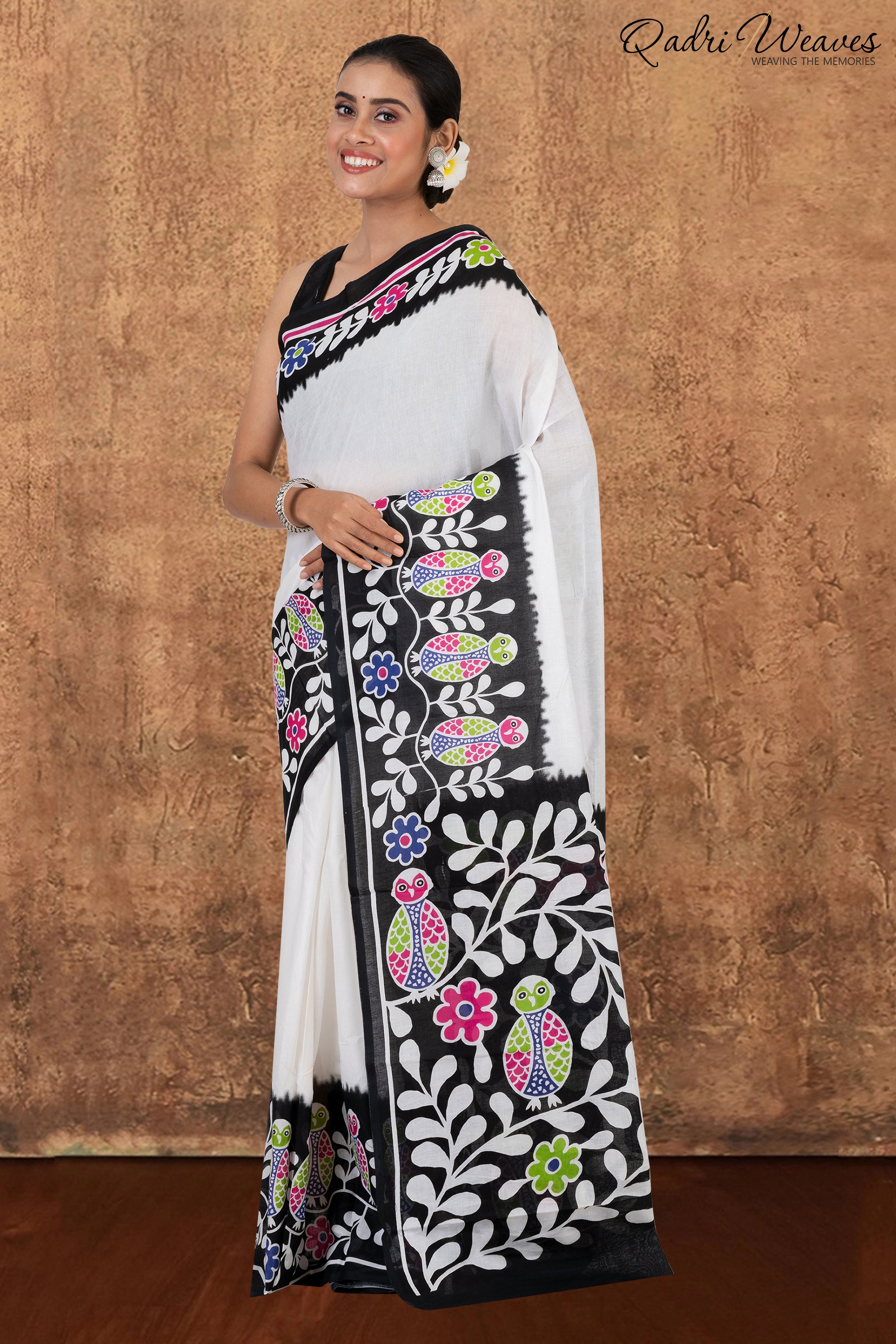 Printed Black & White Owl Design Pure Mulmul Cotton Saree