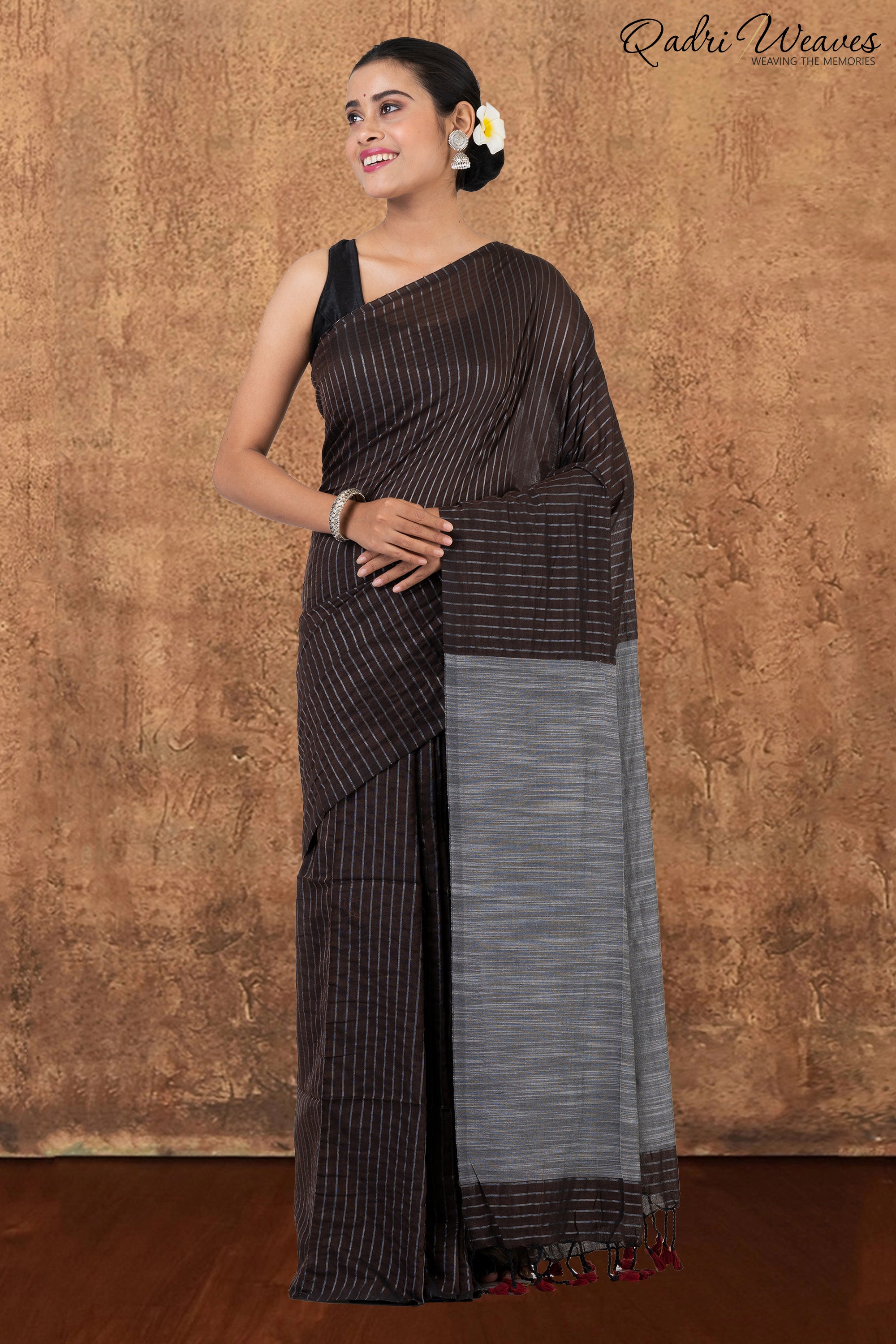 Coffee & Grey Striped Design Khadi Saree