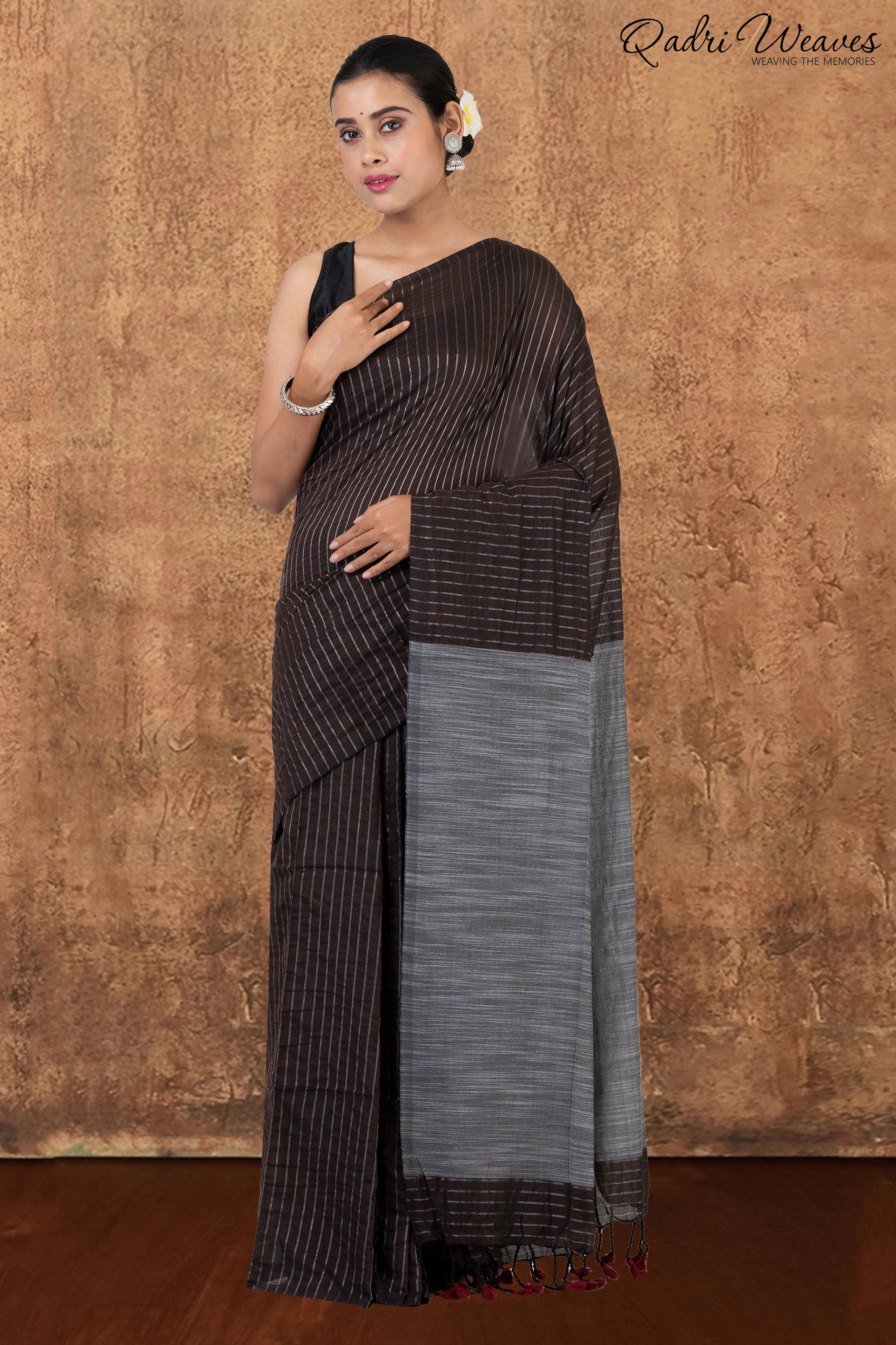 Coffee & Grey Striped Design Khadi Saree