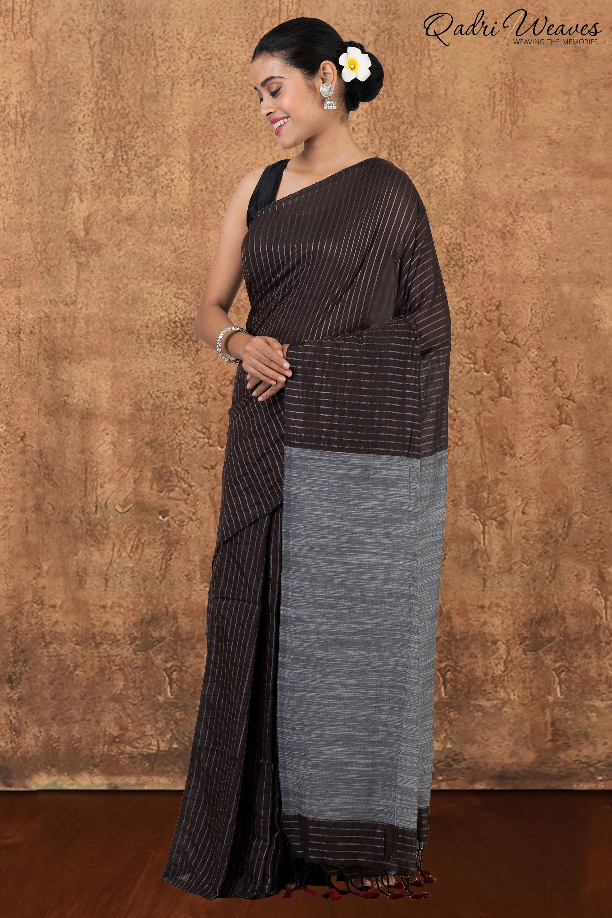 Coffee & Grey Striped Design Khadi Saree