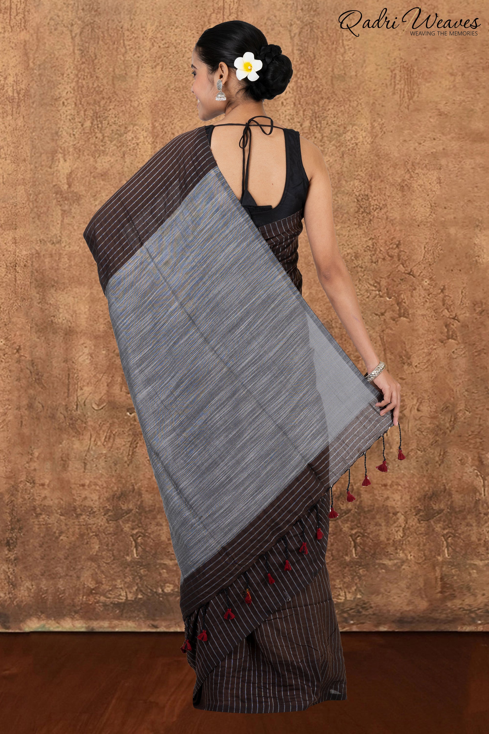 Coffee & Grey Striped Design Khadi Saree