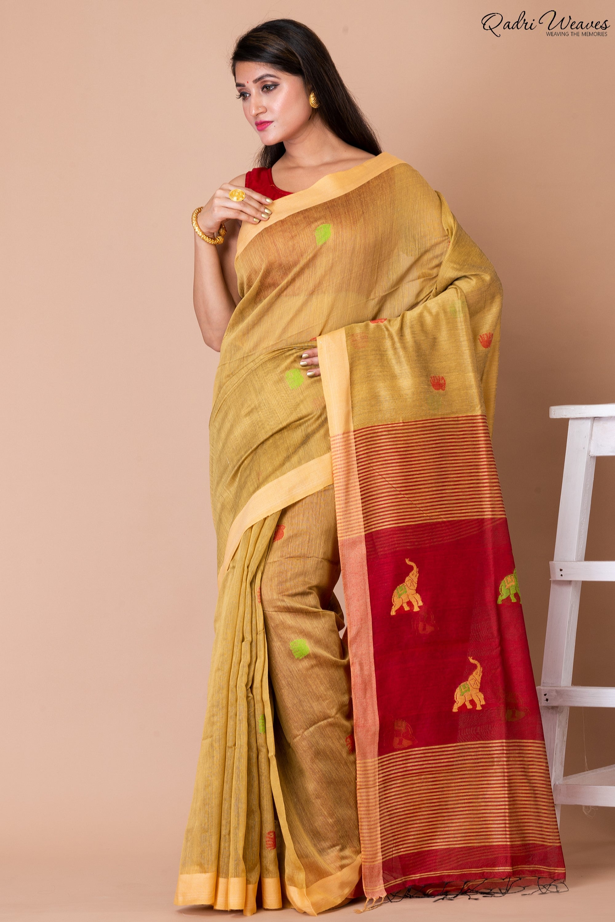 Handloom Golden & Red Kota Silk x Acrylic Cotton Saree