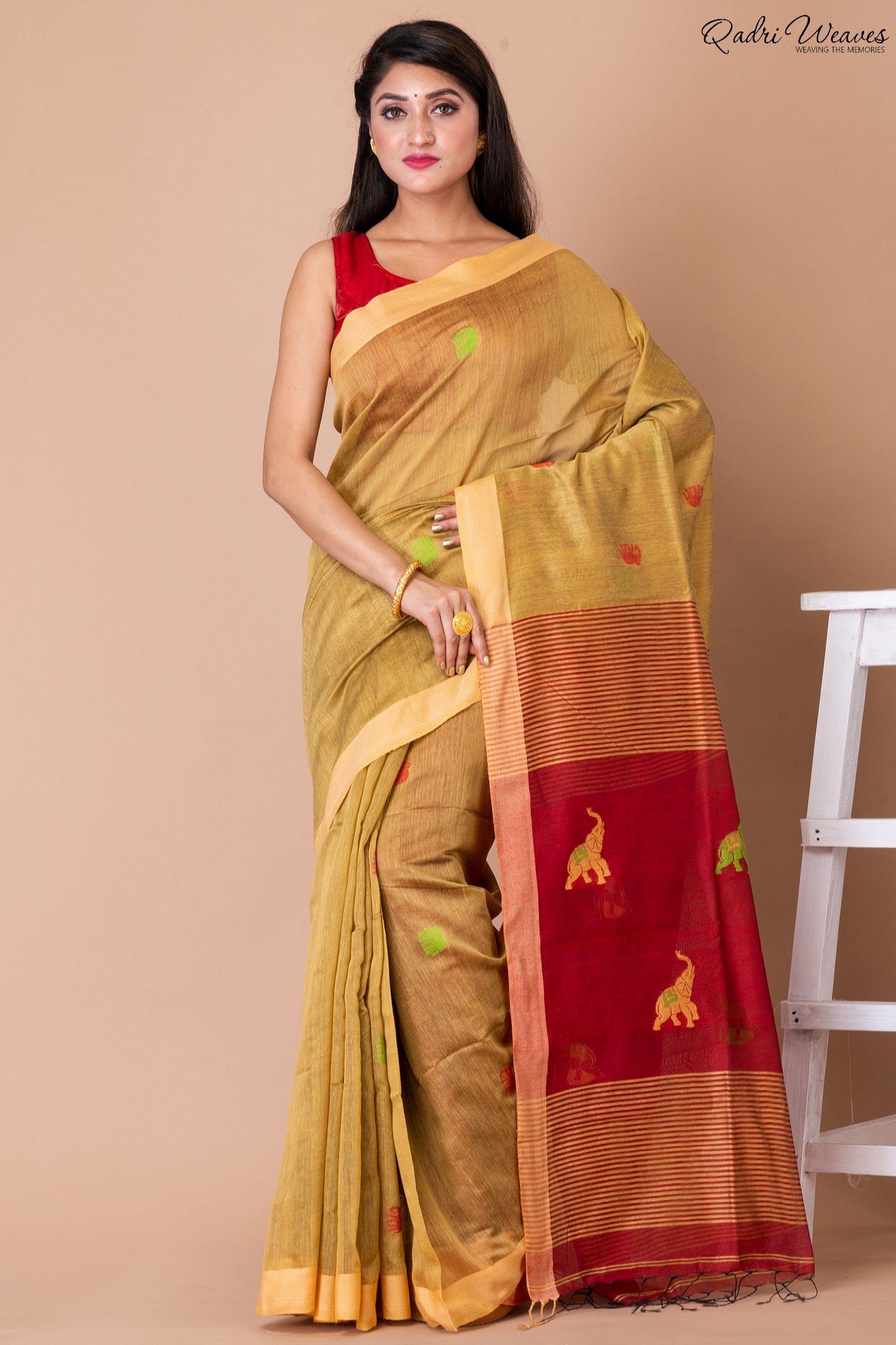 Handloom Golden & Red Kota Silk x Acrylic Cotton Saree