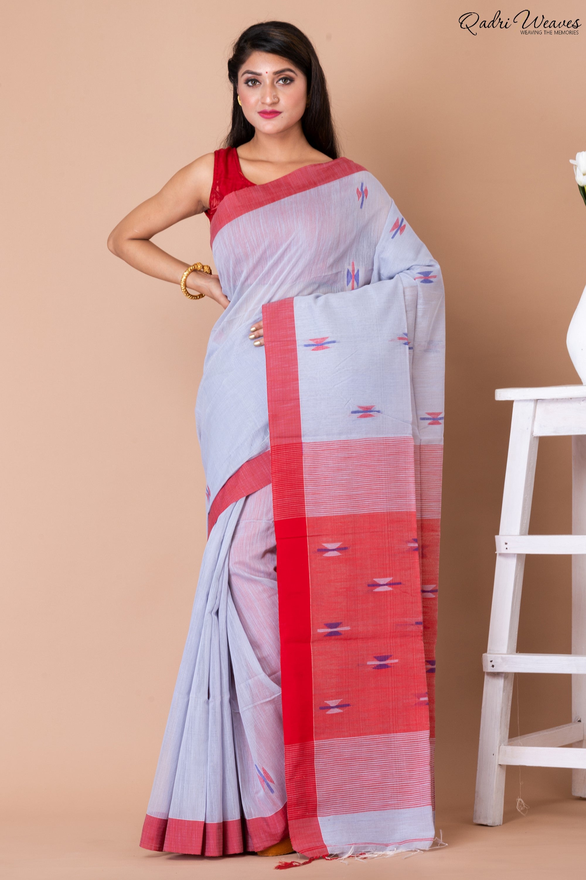 Handloom Silver & Indian Red Kota Silk x Khadi Saree