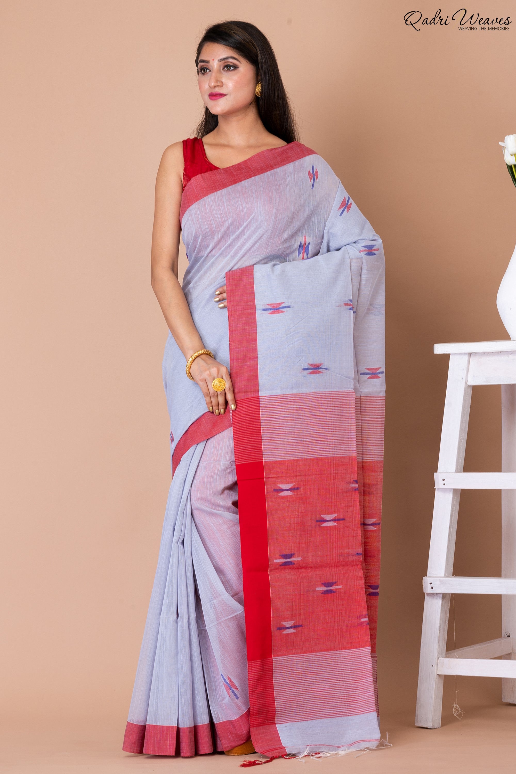 Handloom Silver & Indian Red Kota Silk x Khadi Saree