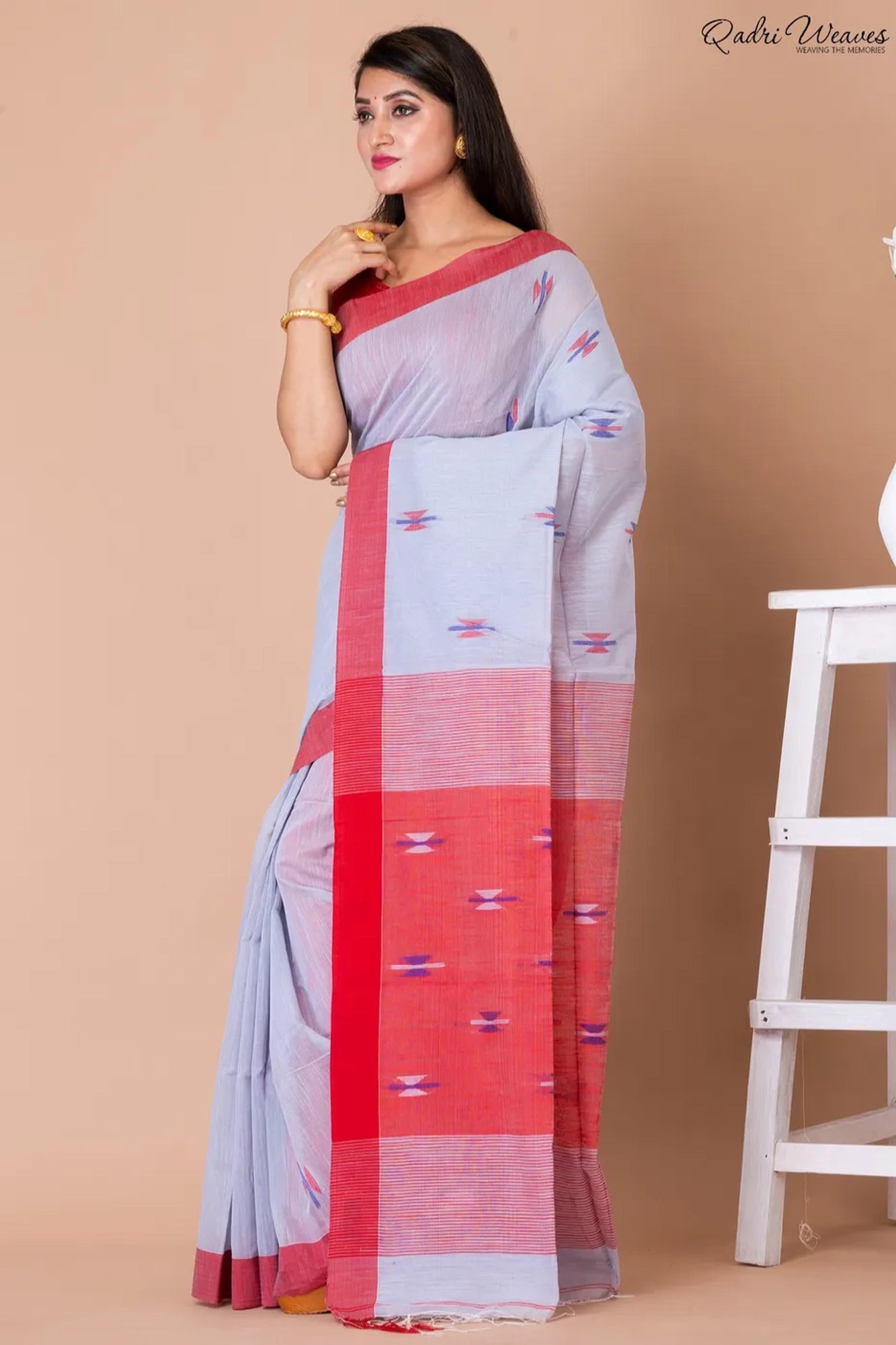 Handloom Silver & Indian Red Kota Silk x Khadi Saree