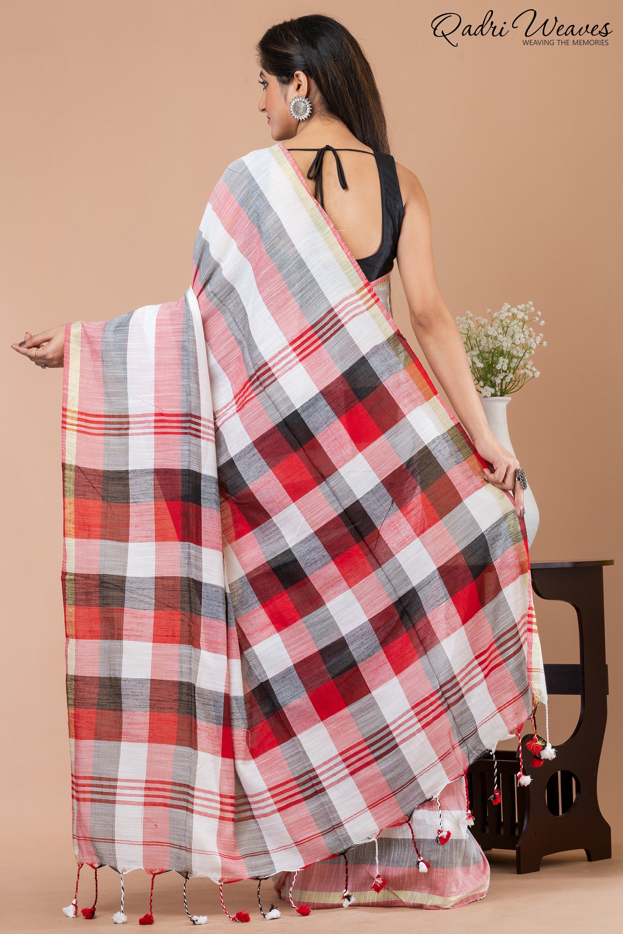 Pink & Grey striped checkered Pure Cotton Saree